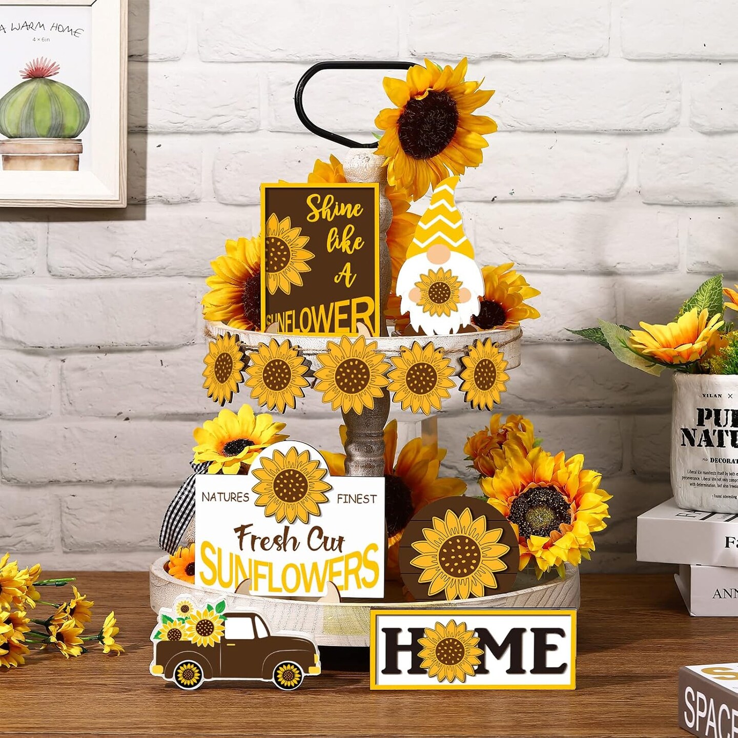 2 Pcs Sunflower Tiered Tray Decor Set Farmhouse Summer Wooden Sign Sunflower Decorations for Home Rustic Sunflower Table Decorations Summer Tiered Tray Decor for Home Kitchen Tabletop