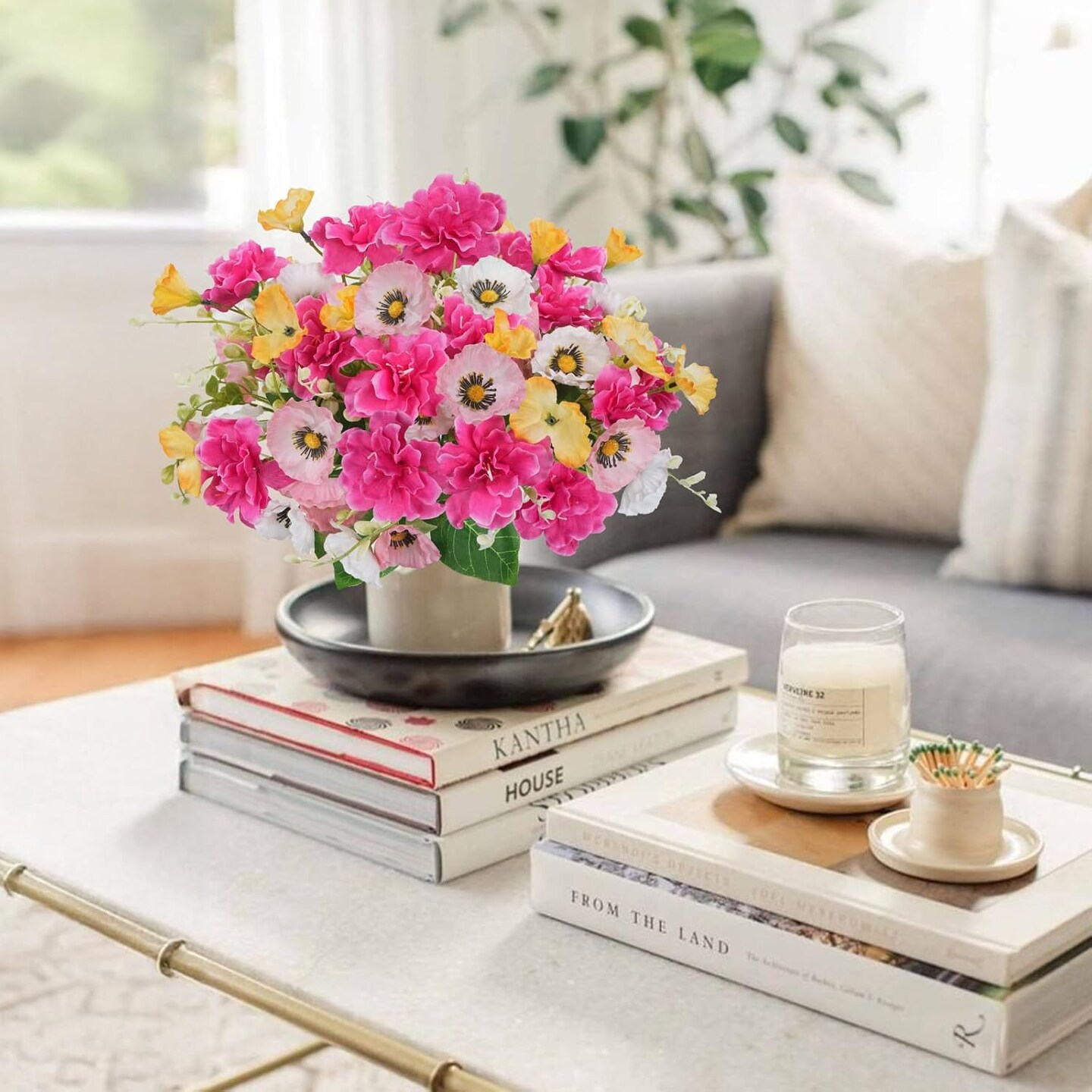 6 Bundles Summer Tabletop Floral Arrangements Artificial Flowers Silk Poppy Flowers for Decoration Real Touch Fake Flowers with Stems Faux Wildflowers