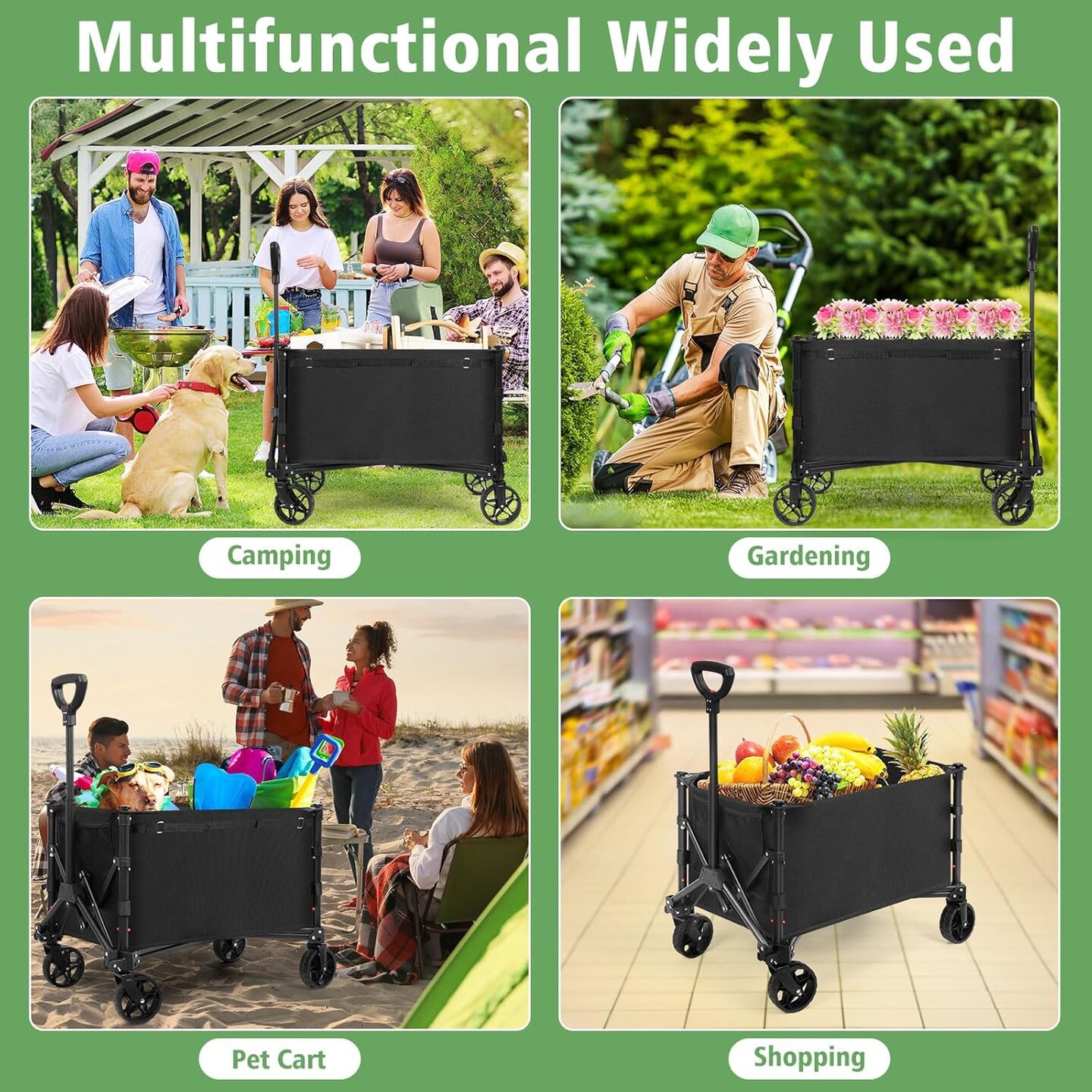 Foldable Wagon Cart with 360° All-Terrain Wheels, 220 lb Capacity, Adjustable Handle - Collapsible Utility Cart for Camping, Beach, Gardening & Shopping
