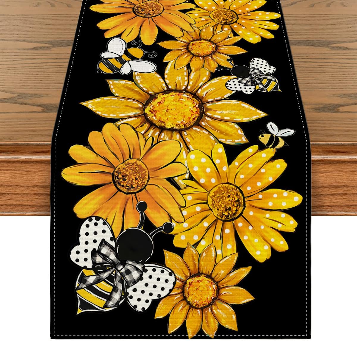Summer Sunflower Table Runner – Spring Floral Bee Table Cover, Rustic Farmhouse Seasonal Table Decor for Home, Kitchen & Party Decorations