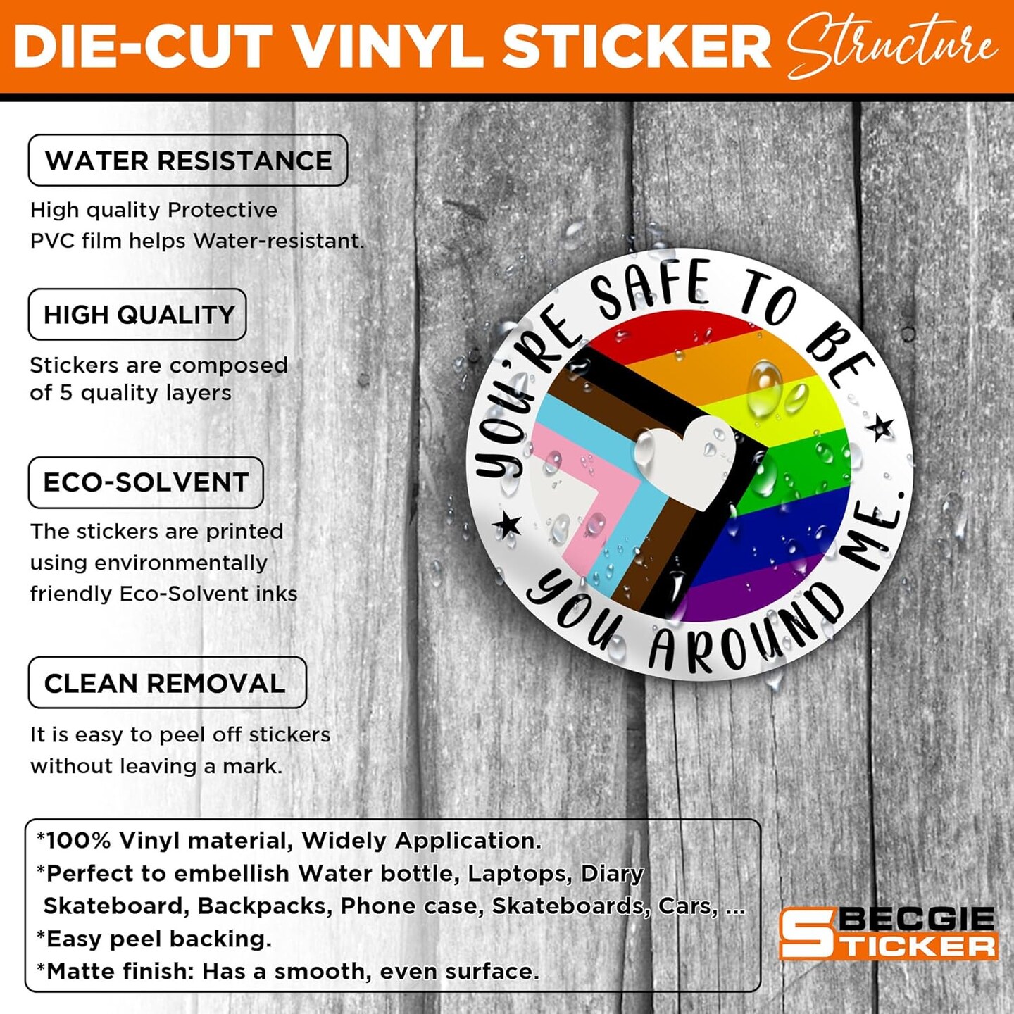 Set 3PCS 2 Inches - You&#x27;re Safe with Me Ally Sticker Progress Pride Flag Trans Flag LGBTQ 2&#x22; Waterproof Vinyl Decal for Water Bottles, Tumbler, Laptop, Hard Hat, Car Gifts for Kid, Girl, Boy