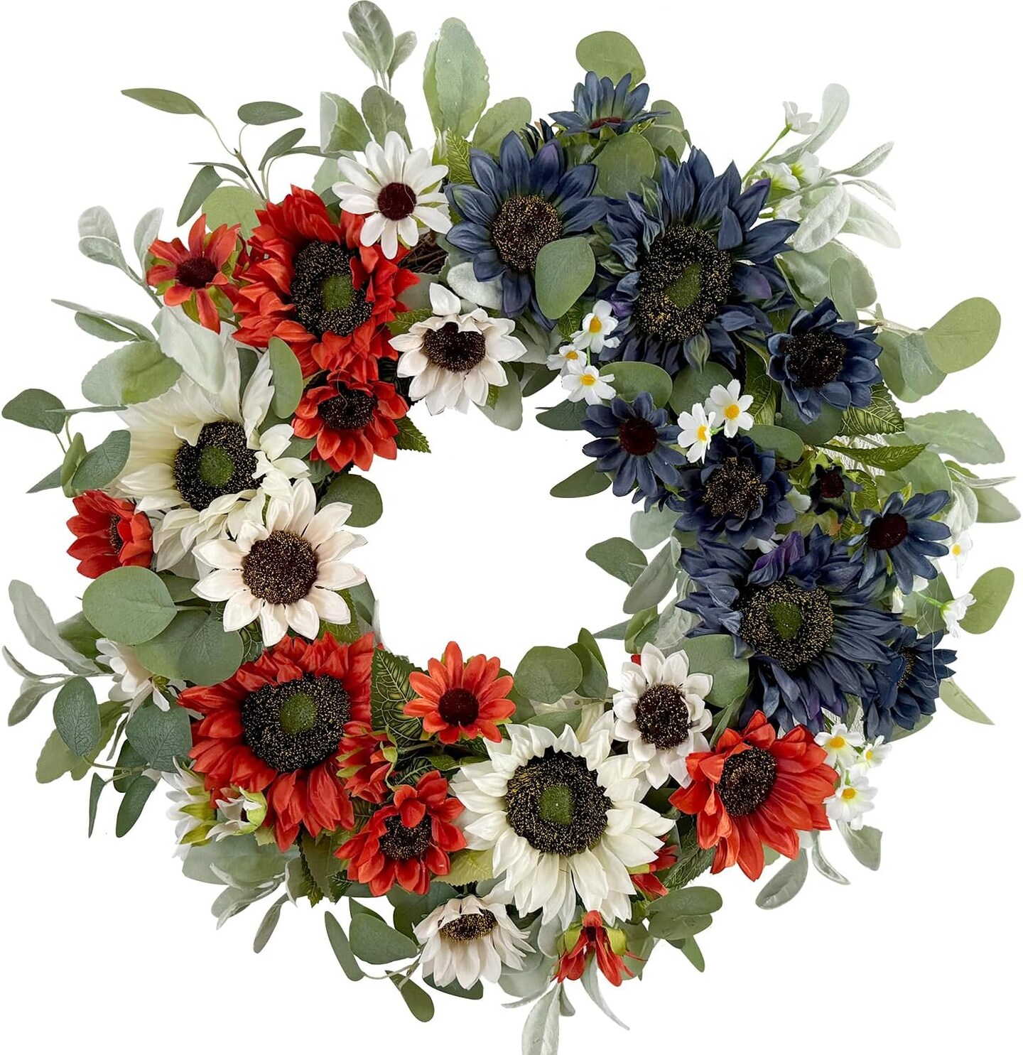 24in Patriotic Sunflower Wreath, Red White Blue, 4th of July Decor