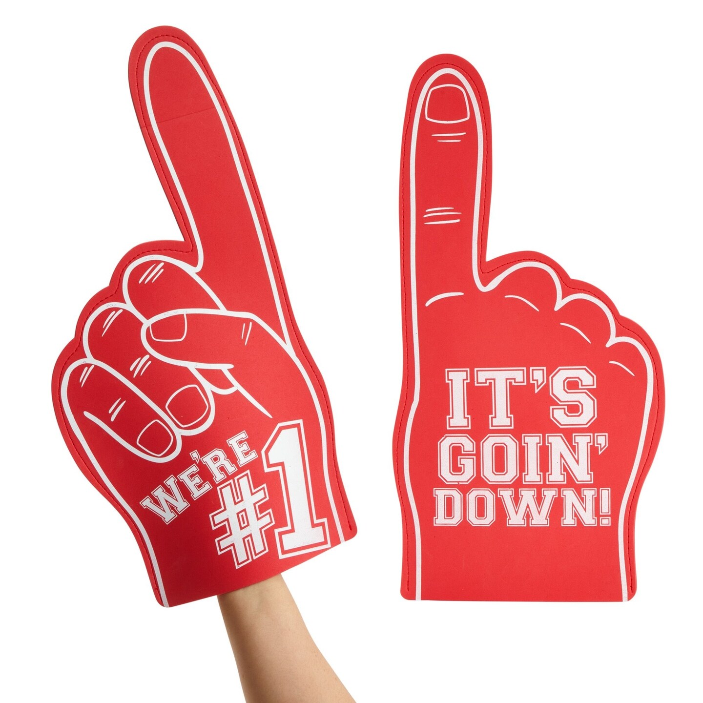 2 Pack Red Foam Fingers #1, It&#x27;s Goin&#x27; Down for Sports Fan Accessories, Cheering, Party Favors, 17.5 Inch Giant Foam Hand
