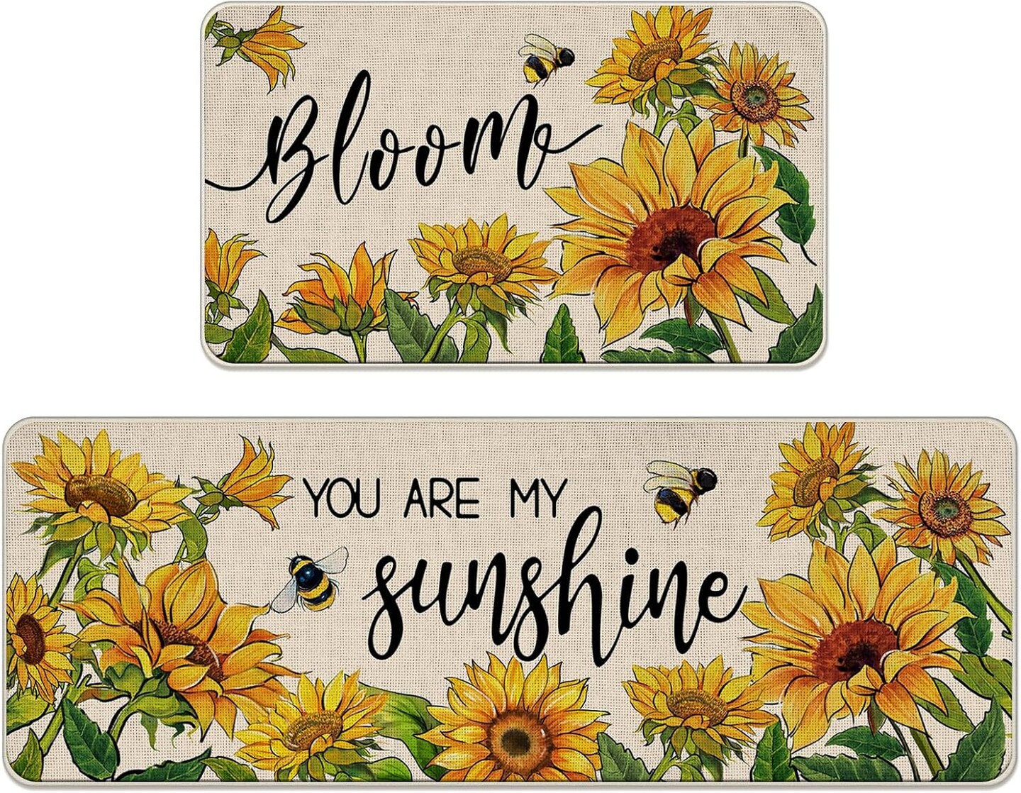 Spring Summer Sunflower Kitchen Rugs Set of 2, Fall Flower Bee Bloom You are My Sunshine Kitchen Mats Home Decor, Floral Seasonal Floor Door Mat Decorations - 17x29 and 17x47 Inches