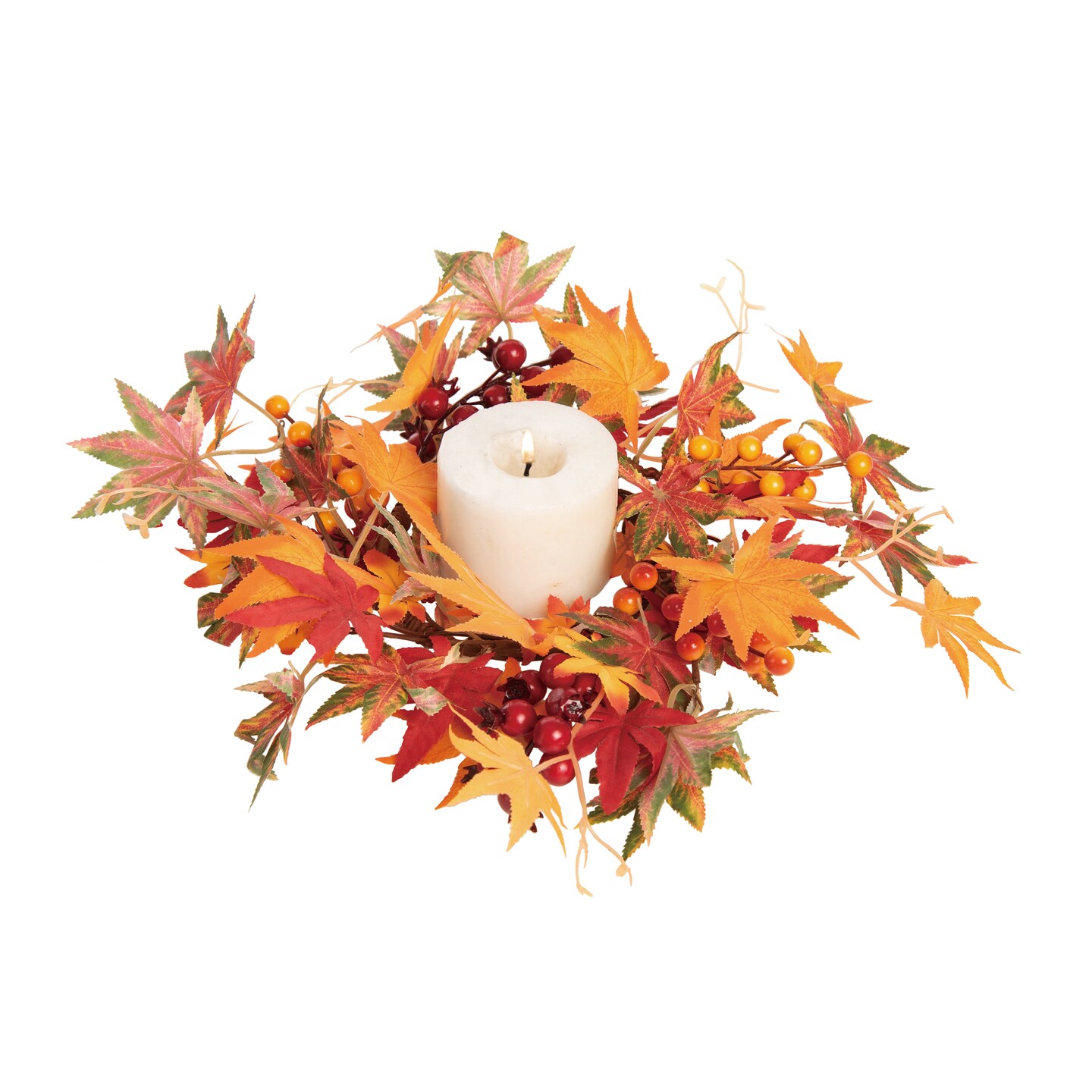 Transpac 13" Orange Harvest Gathered Leaves Candle Ring - Fall Wreath, Fabric, Indoor Tabletop Accessory, 13in, Spot Clean