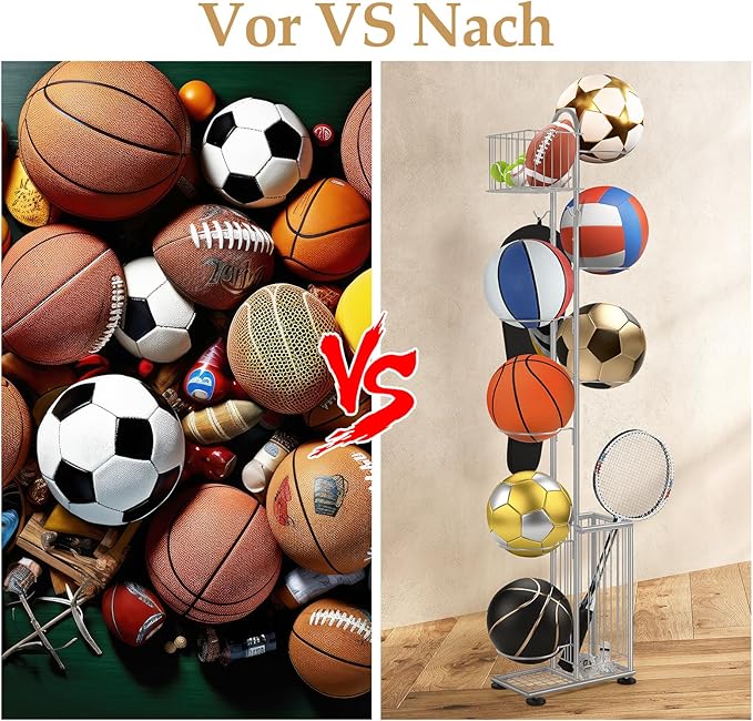 7-Tier Metal Ball Storage Rack with 2 Baskets &#x26; Hooks &#x2013; Vertical Space-Saving Organizer for Basketball, Football, Volleyball, Gear | Indoor/Outdoor Garage, Gym, Kids&#x2019; Room