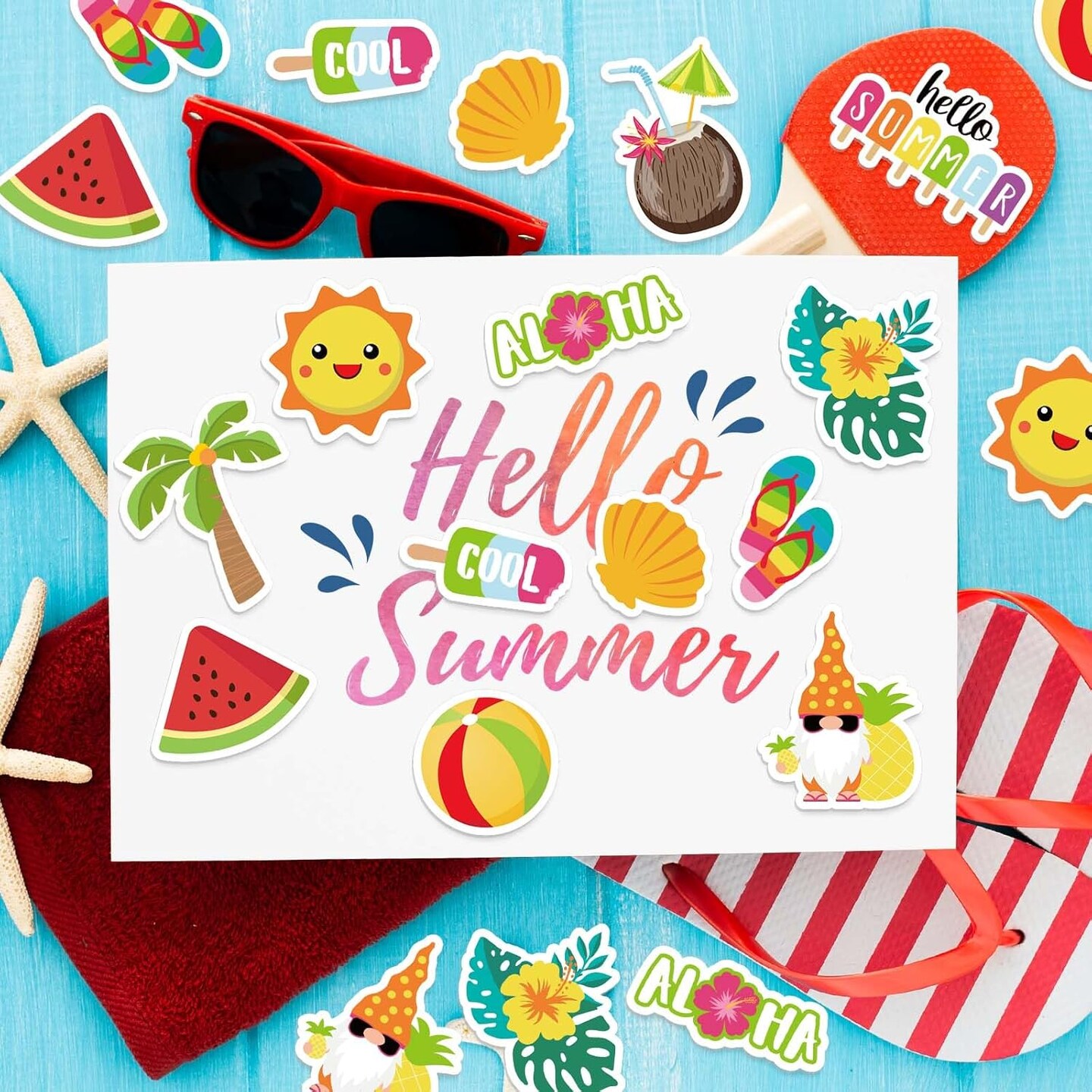 300Pcs Summer Foam Stickers Hello Summer Gnome Tropical Beach Watermelon Hawaii Decals Mixed Bulk Cartoon Self-Adhesive Decorative for DIY Art Craft Scrapbook Journal Party Supplies
