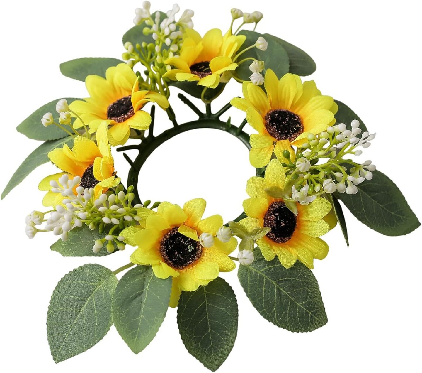 Summer Candle Ring Sunflower Mini Wreath Artificial Flowers Wedding Centerpieces 10&#x22; for Home Garland Tabletop Farmhouse Rustic Country Party Decor