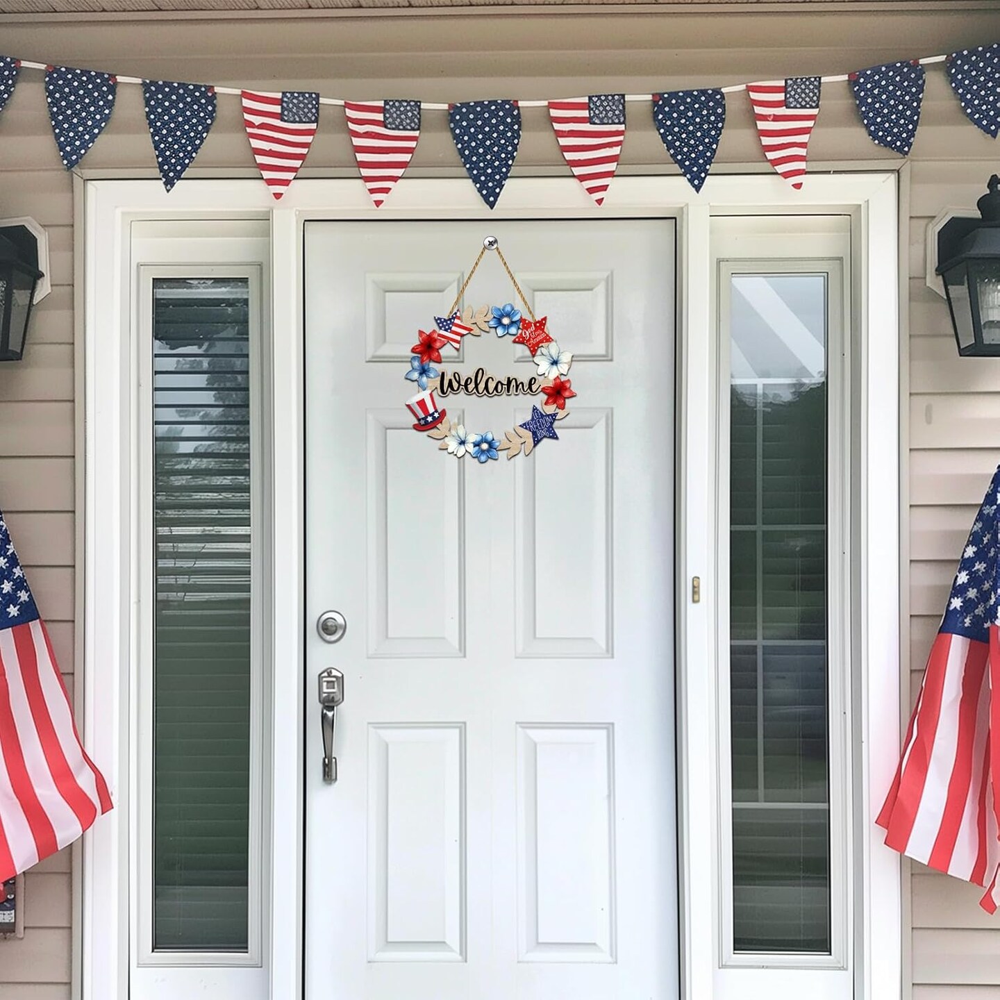 4th of July Decorations 4th of July Wreaths for Front Door Patriotic Wreath Fourth Wall Decor Memorial Day Wooden Welcome Sign Hanging Decor for Porch Wall Indoor Home Decor