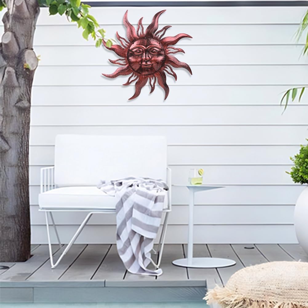 Summer Metal Sun Wall Decor, Large Outdoor Wall Art Decor Hanging Decorative for Patio, Porch, Fence, Garden(Brown)