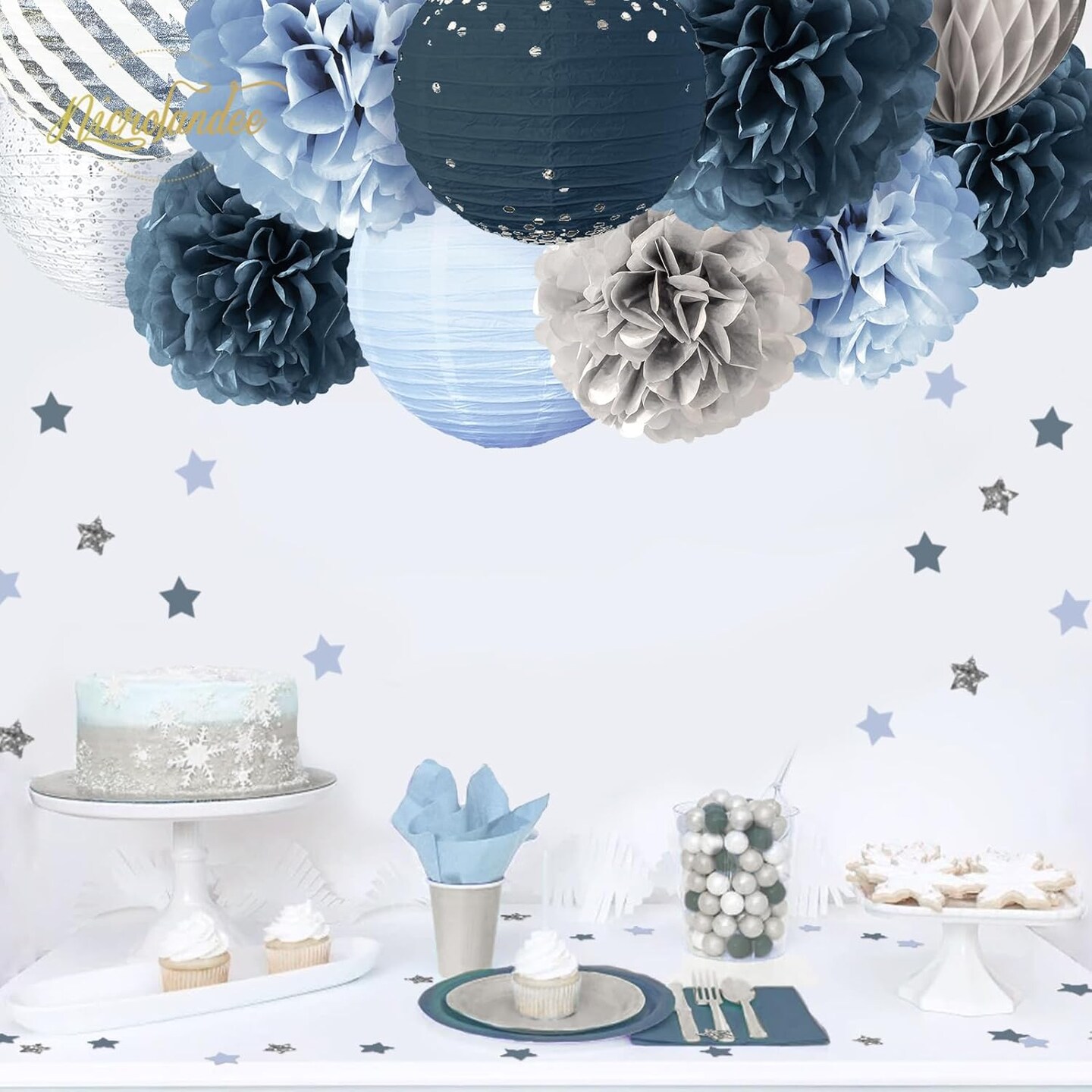 Wedding Party Decorations - 12PCS Dusty Blue Tissue Pom Poms Paper Lantern 50G Glitter Confetti Party Supplies for Romantic Wedding, Bridal Shower, Baby Shower, Birthday, Special Events