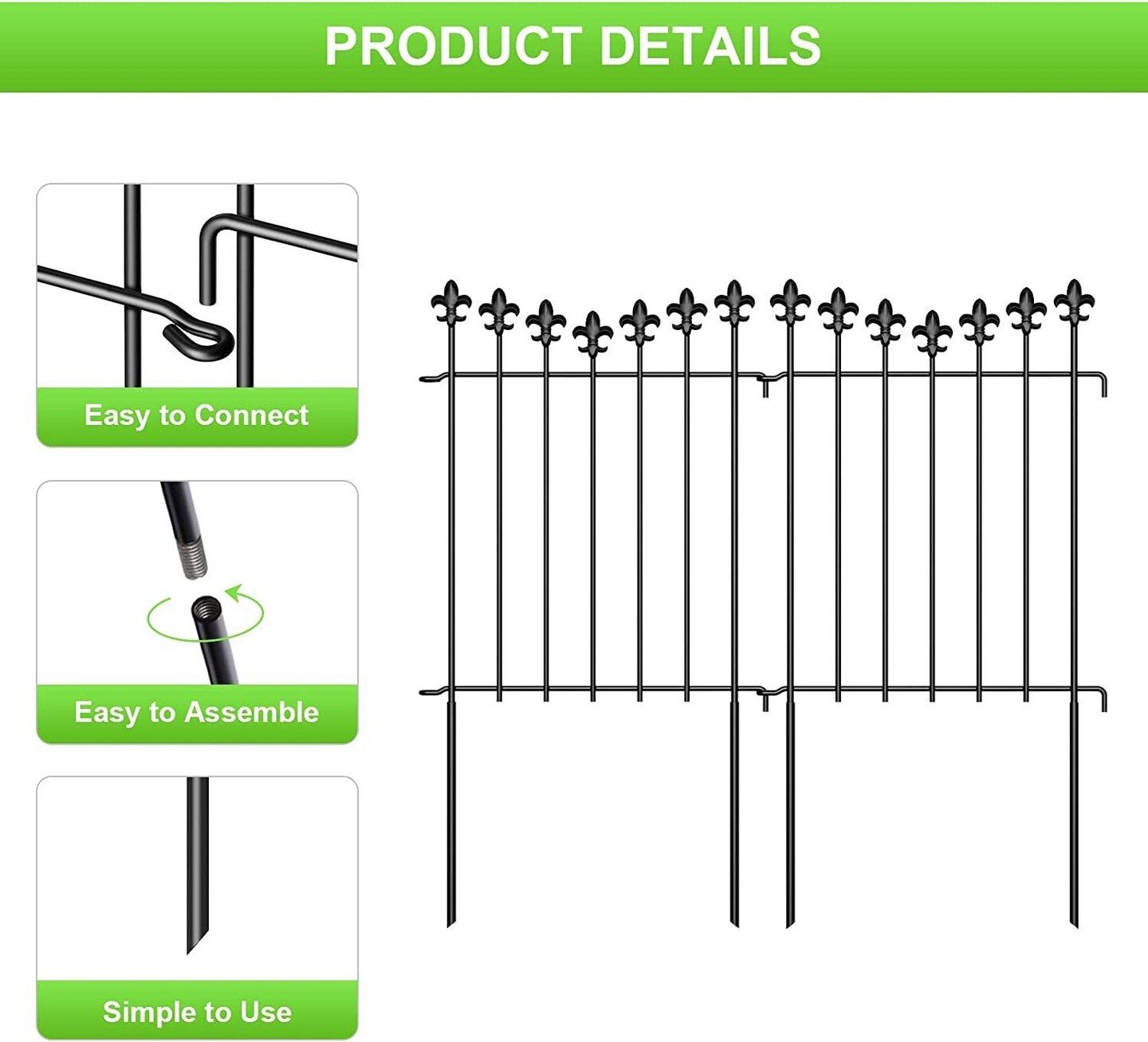 10 Pack Decorative Garden Fence Panels - 24in Height, 10ft Length Rustproof Animal Barrier for Dogs, Vinyl-Coated Metal Outdoor Border (Interlocking Design, Easy Install)
