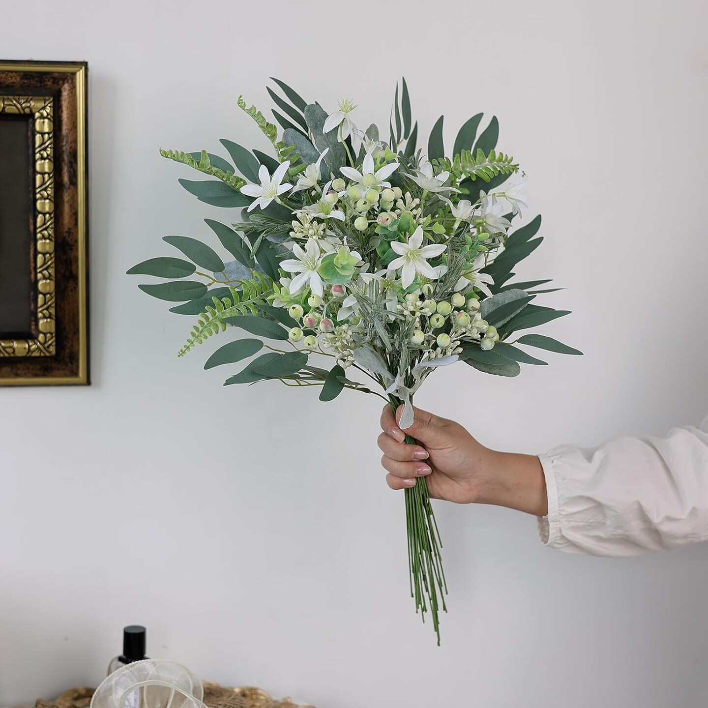 70 Pcs Artificial Greenery Stems Box Set,with 8 Kinds of Faux Plants and Fake Flowers for DIY Bridal Bouquets Wedding Floral Arrangement Table Centerpieces Decoration (Sage Green & White)