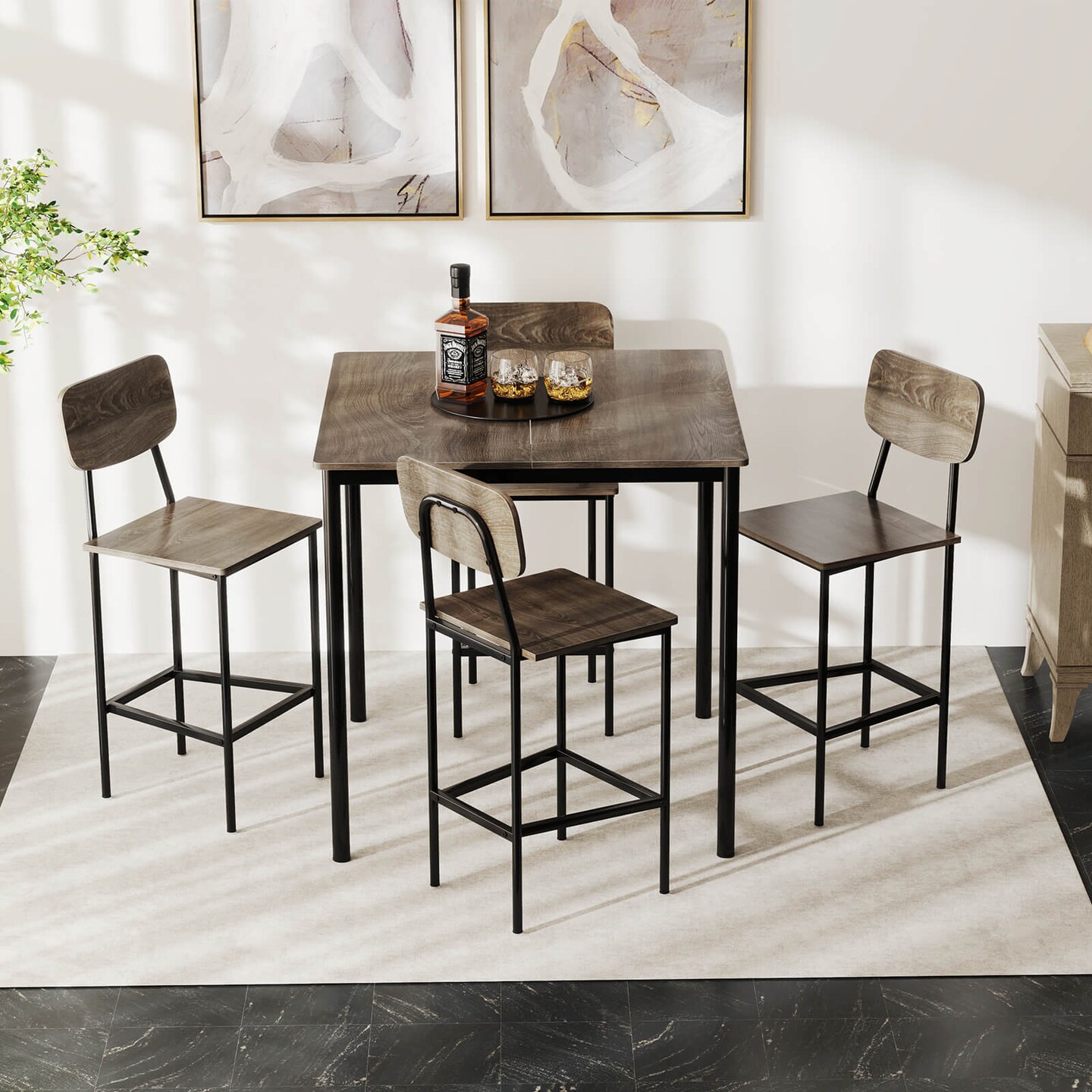 Costway 5-Piece Industrial Dining Table Set with Counter Height Table & 4 Bar Stools Black/Grey/Walnut