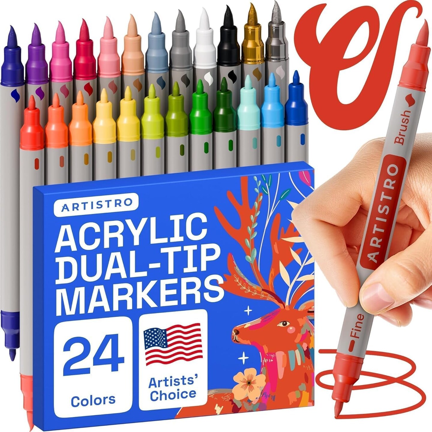 Dual Tip Acrylic Paint Markers - Easy for All Ages &#x26; Levels Acrylic Paint Pens for Fabric, Rocks, Paper, Wood, Canvas, Glass, DIY (Dual Tip Brush + Fine, 24)
