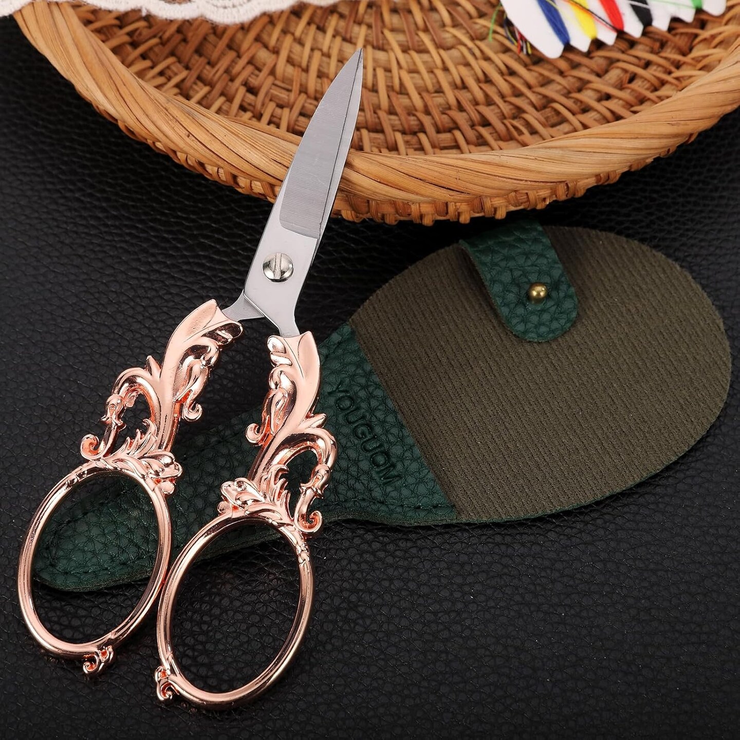 Sewing Scissors, Multipurpose Craft Scissors with Sheath for Arts Crafting Office Home School Paper Fabric Cutting Sharp Shears, 5.3in Rose Gold Big Handles