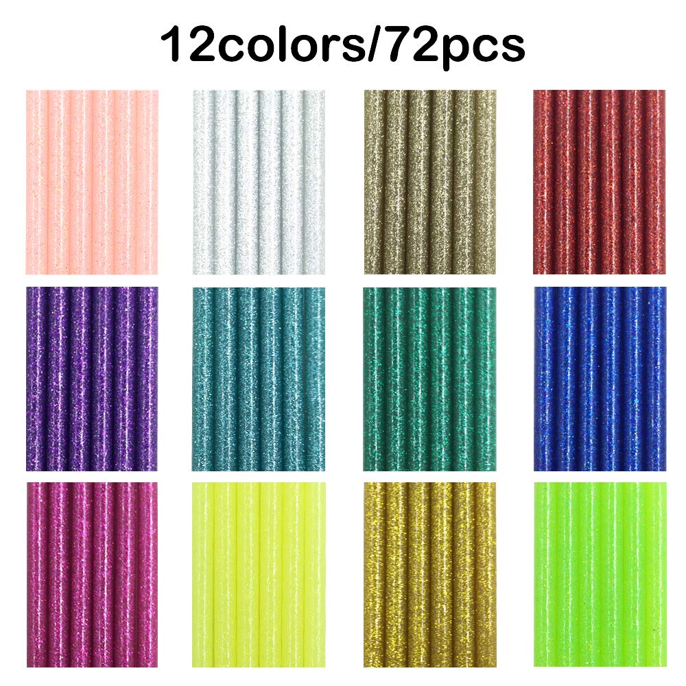 72 Pieces Glitter Hot Glue Colored Gun Sticks, 12 Colors, EVA Glue Mini Size Hot Melt Adhesive Sticks for DIY Art Craft Repair Bonding - Diameter 7 mm/0.28&#x22;, Length 10 cm/3.9&#x22;