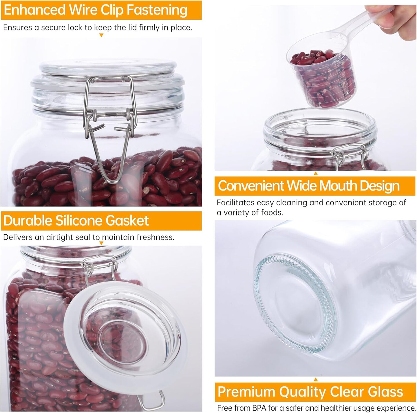 Mason Jars, 3 Pcs 78oz 2300ml Glass Food Storage Containers with Airtight Lids, Flour Sugar Storage Containers Sets for the Kitchen, With Metal Food Tongs & Measuring Cups & Sorting Labels