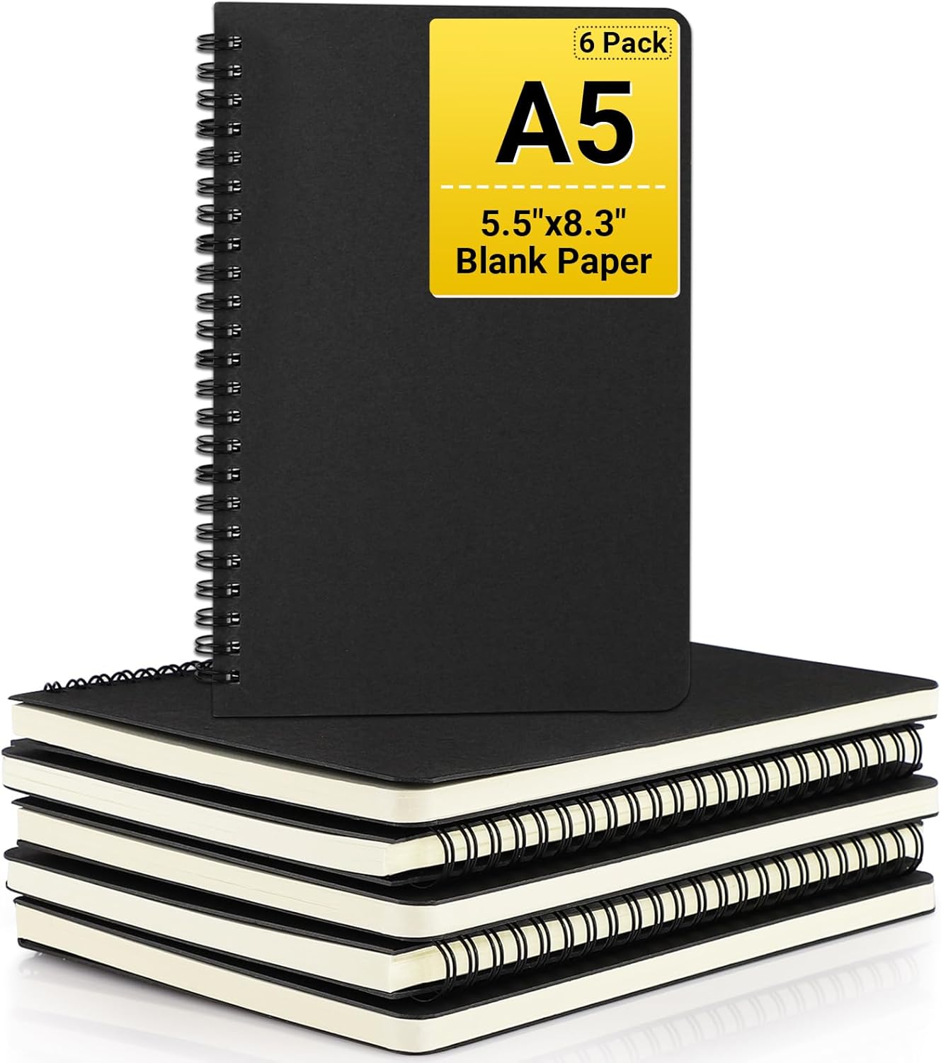 Hardcover Spiral Notebook Unlined, A5 6 packs 5.5”x8.3“ Blank Travel Writing Notebooks Journal, Notepad Sketchbook, College Office Business Subject Diary Spiral Journal-Black Cover
