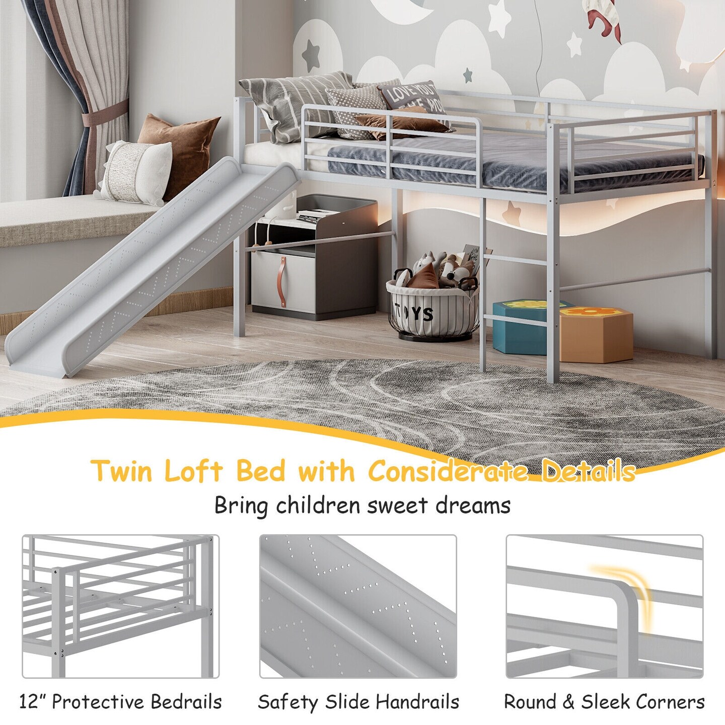 Twin Metal Loft Bed with Slide, Fun, Safe and Spacious