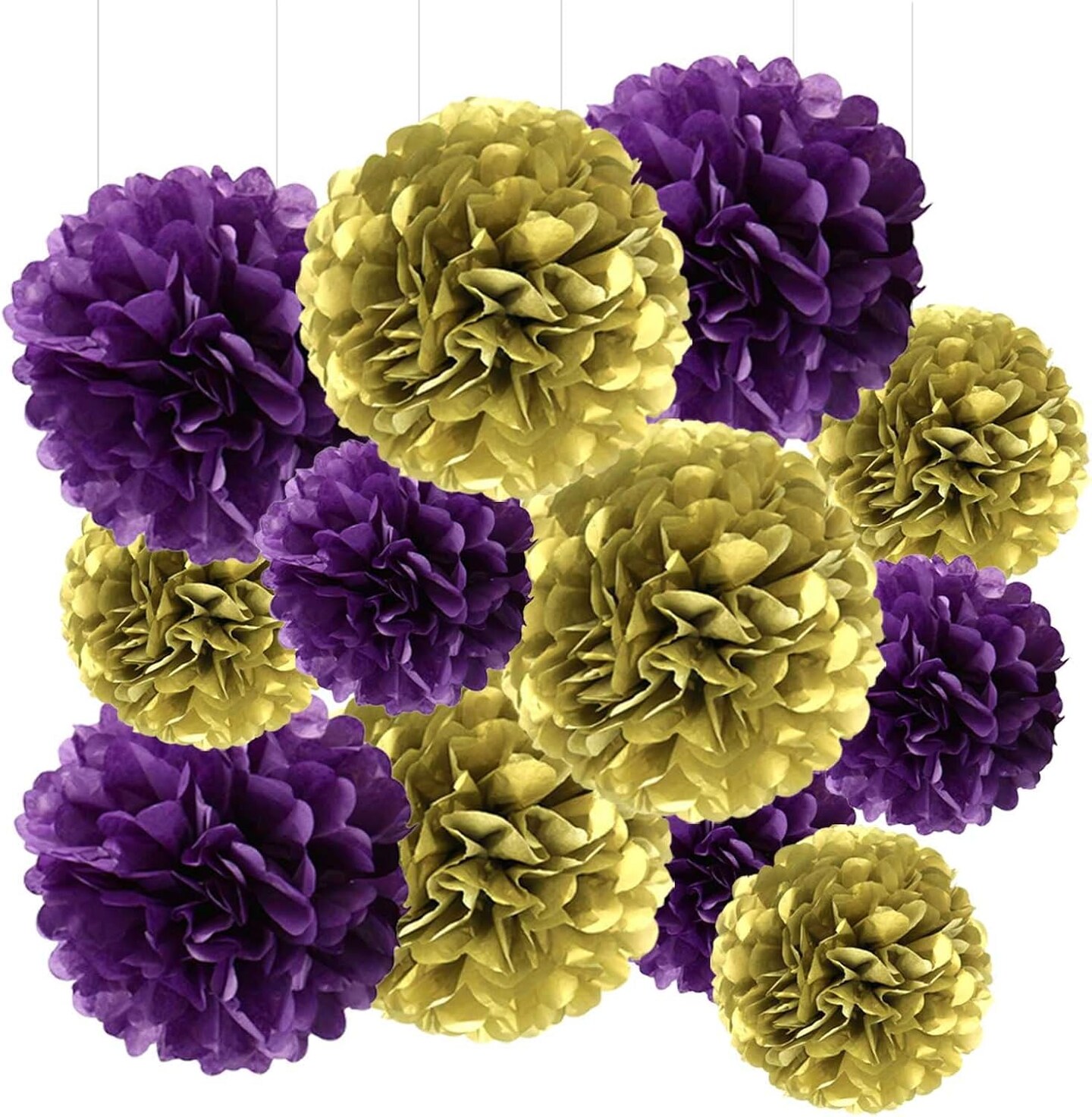 Purple and Gold Tissue Paper Pom Poms Hanging Tissue Flowers Poms Decorations Pack of 12 for Wedding, Birthday,Party Backdrop Decor ect. (12", 10",Tissue Paper Flowers)