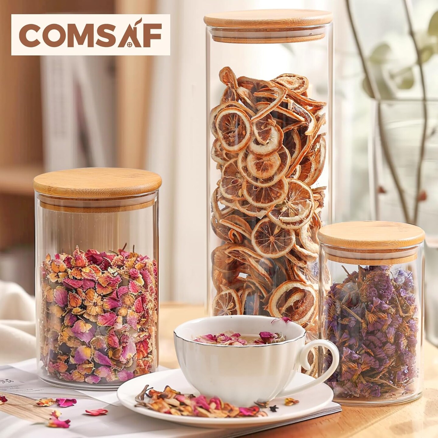 Glass Food Storage Jars Set of 6 Clear Airtight Kitchen Canisters