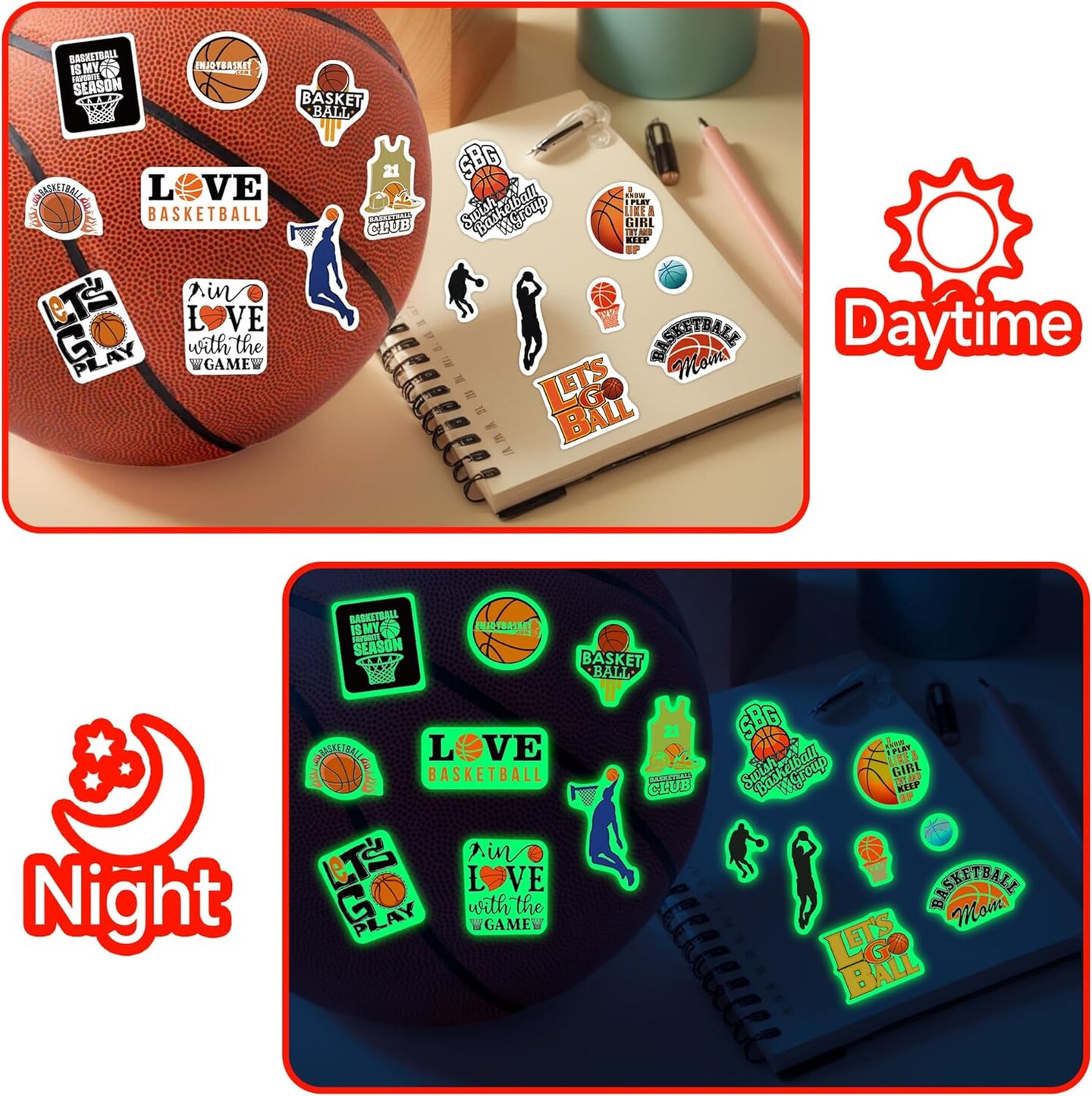 Basketball Water Bottle Stickers for Kids Glow in The Dark, 67 PCS Vinyl Stickers Pack for Laptop Skateboard Phone Case, Cute Colorful Sports Decals for Teens