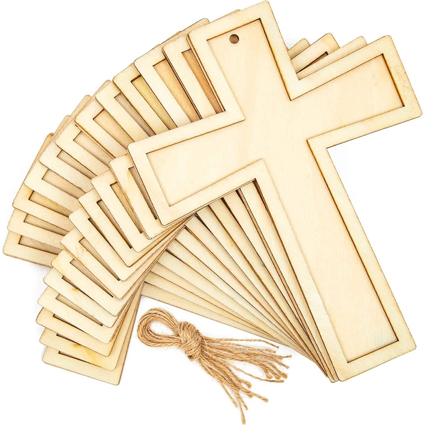 Bright Creations 12 Pack Unfinished Wooden Cross with Jute String, Small Wooden Crosses for Crafts, DIY Cross for Religious Events, Baptism, and Easter Decorations (3.8 x 5 In)