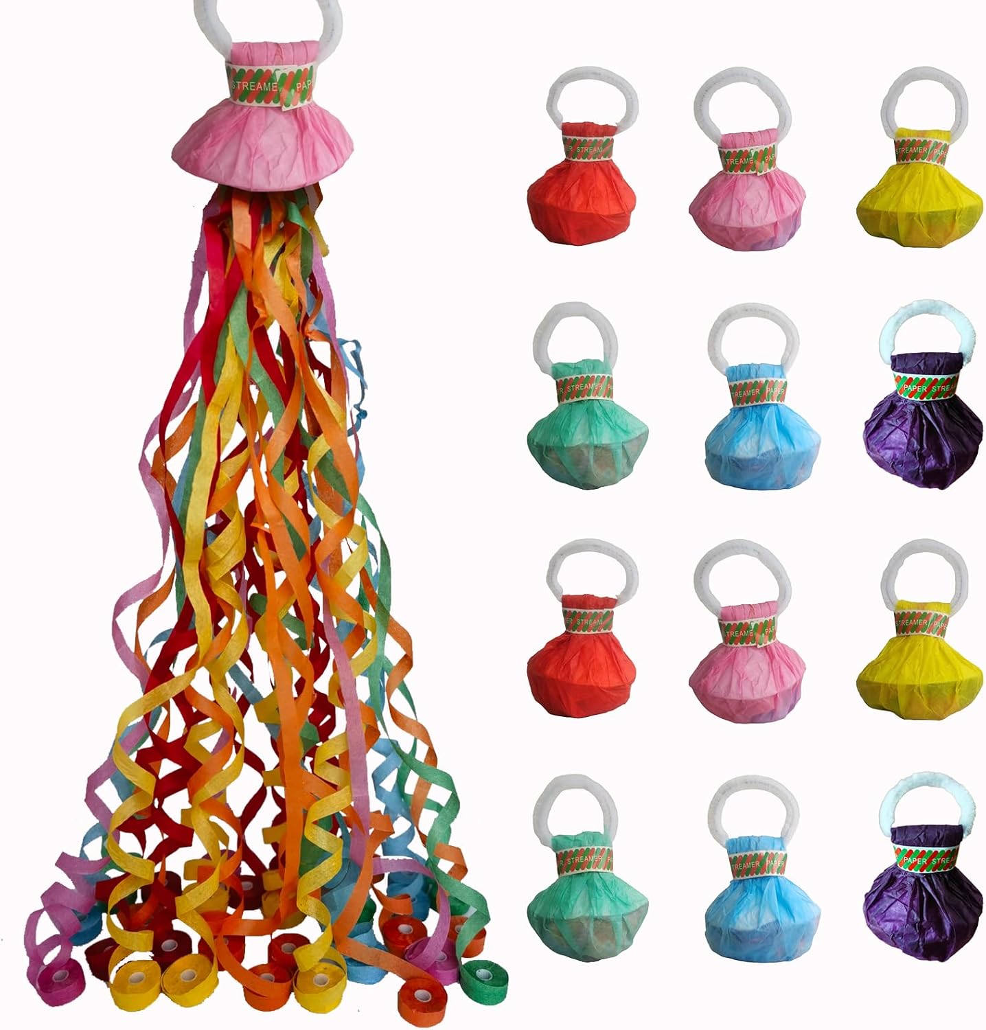 12PCS Hand-Throw Streamer Poppers – 6-Color No-Mess Party Poppers