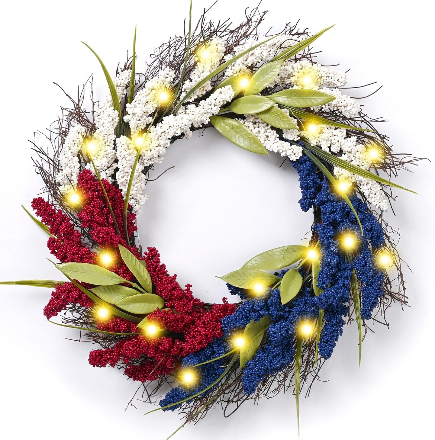 Patriotic Memorial Day Wreath for Front Door Wall Decor 20 Inch 4th of July Wreaths with Lights, Collasible Red White Blue