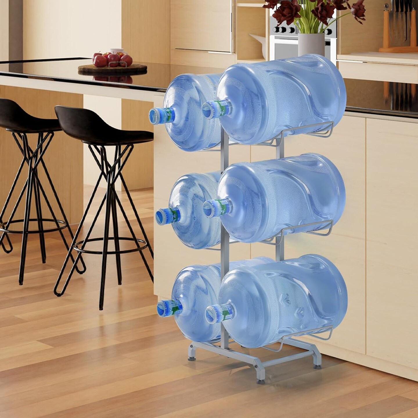 5 Gallon Water Cooler Jug Rack for 6 Bottles - 3-Tier Heavy-Duty Stand with Wheels, Silver, Space-Saving Storage for Home, Office, Garage