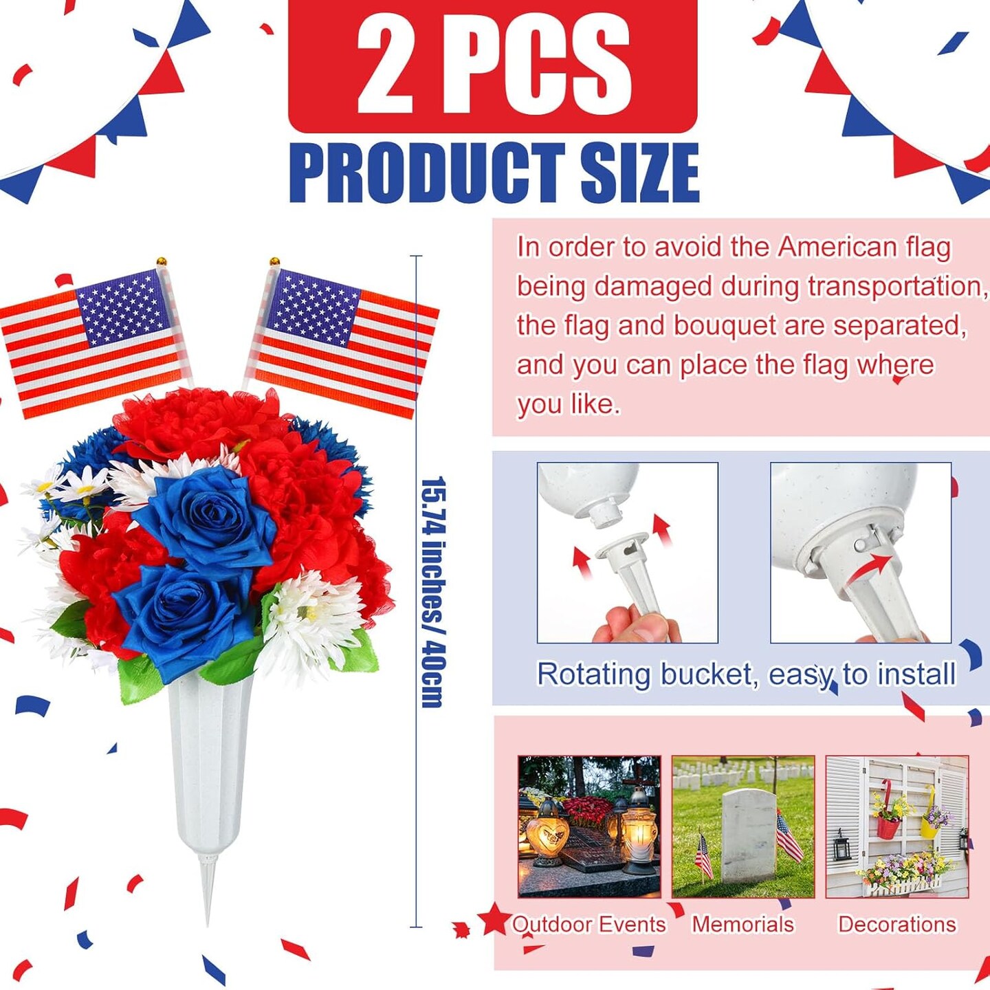 2 Set Artificial Memorial Day Flowers with Vase