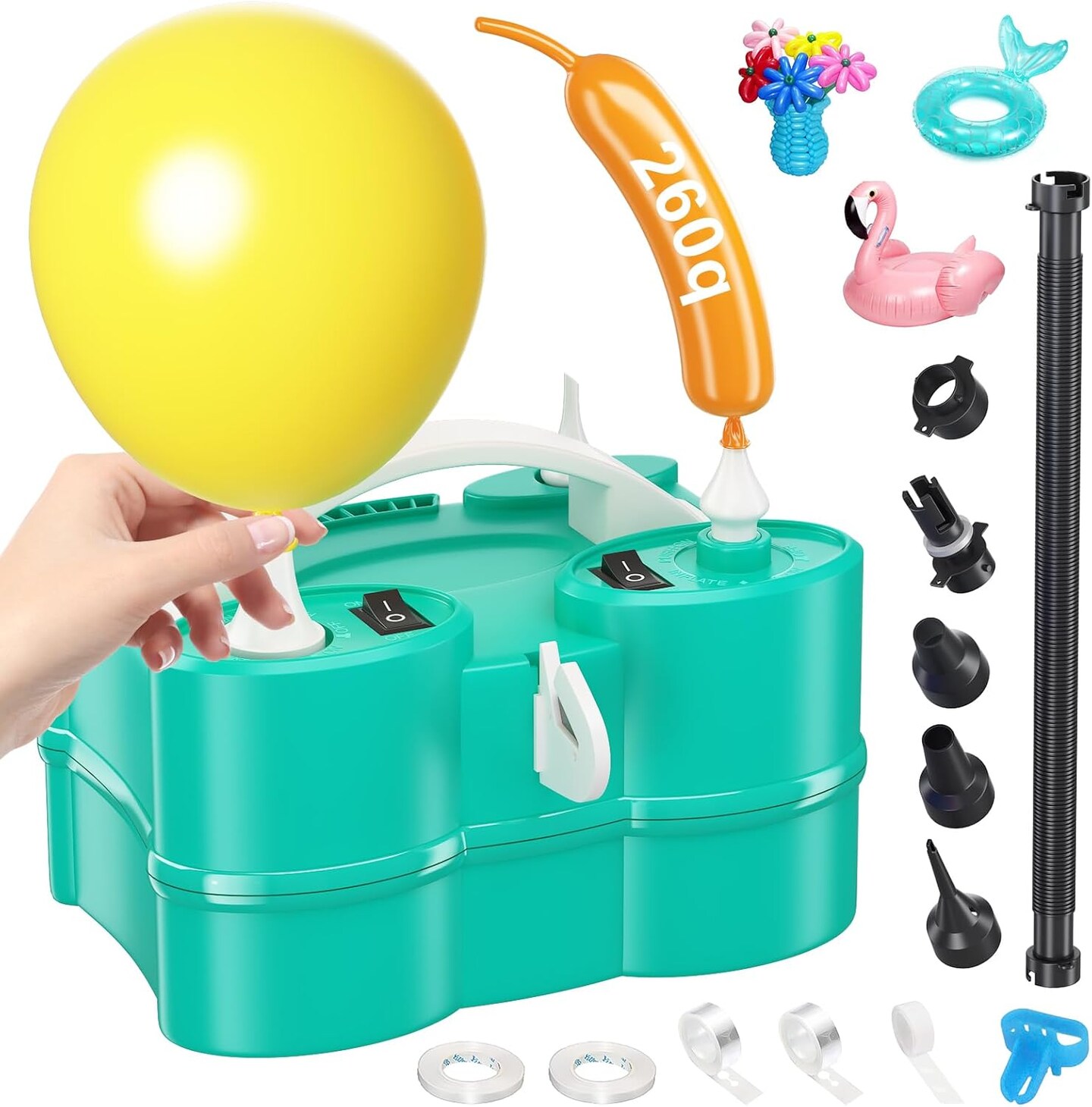 Electric Balloon Pump, 3-in-1 Air Pump for Inflatables and Balloons, Portable Balloon Pump for Latex 260Q Long Foil Balloons, 110V Dual Nozzle Inflator Deflator for Pool Floats Air Beds (Teal)