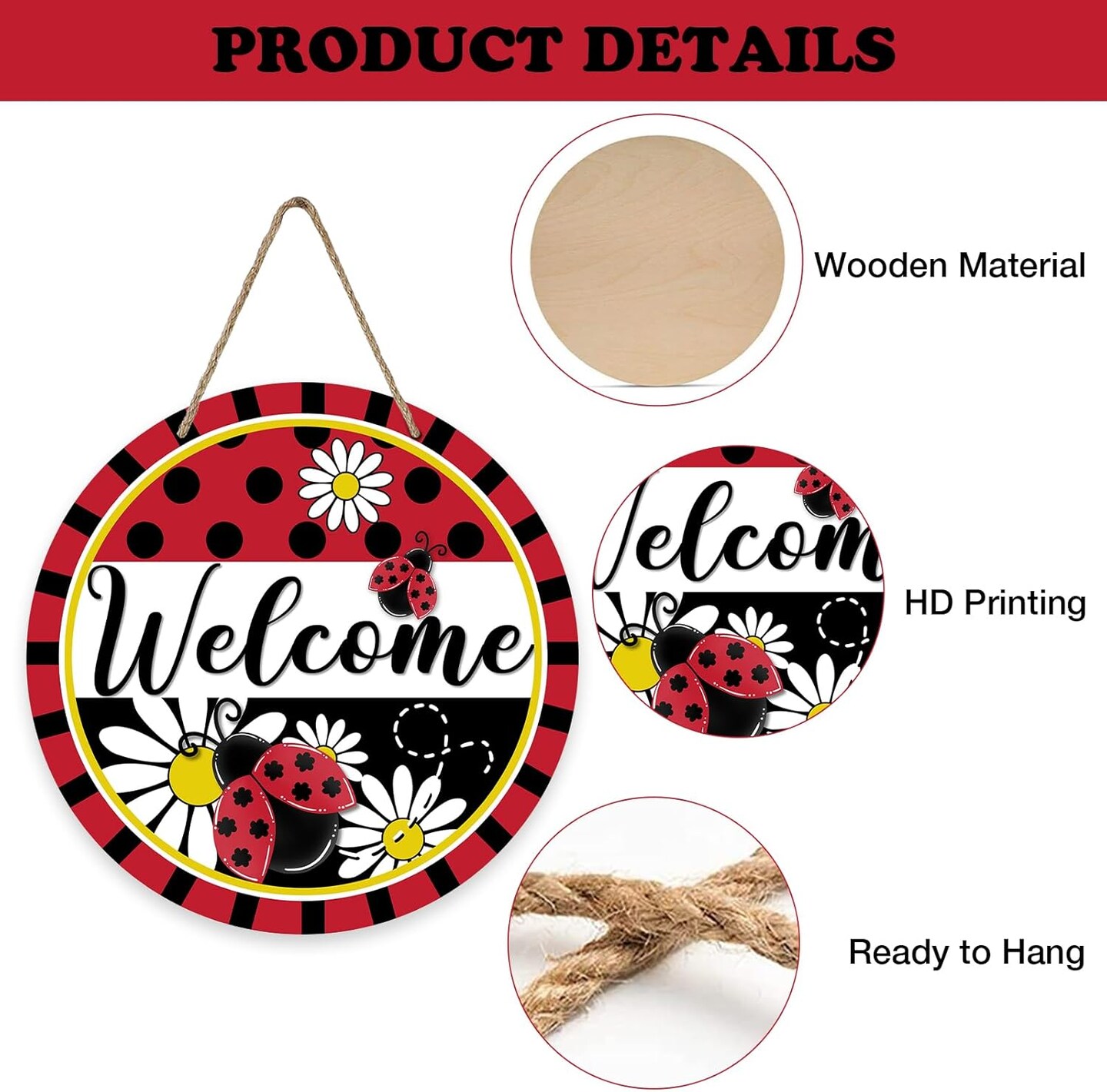 Summer Ladybug Front Door Sign, Daisy Flower Red Black Wood Door Hanger Outdoor Outside Porch Decor, Polka Dot Stripes Seasonal Wooden Wreath Indoor Wall Hanging Decoration