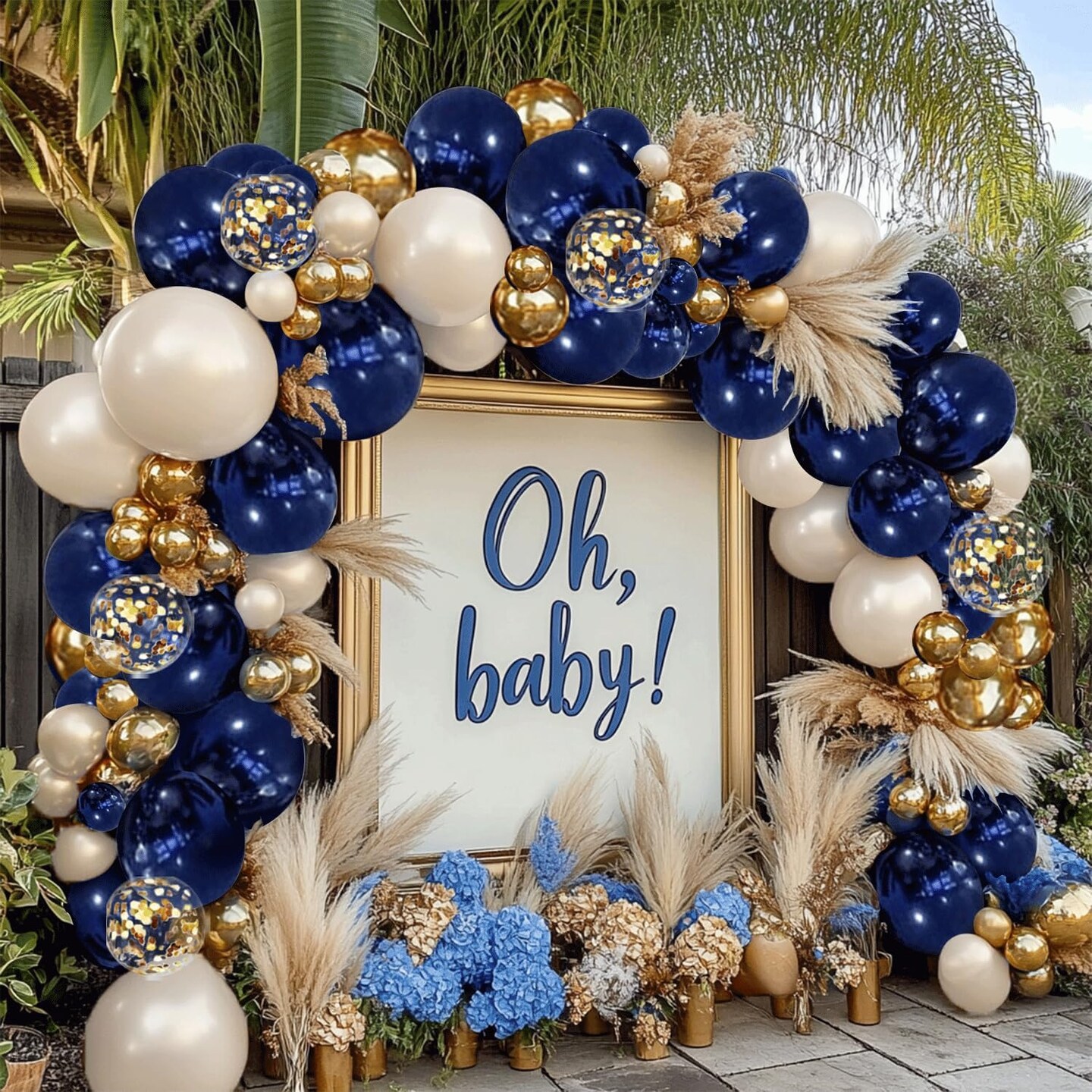 Navy Blue Gold Balloon Garland Arch Kit, Double Stuffed Pearl White Royal Blue Chrome Gold with Confetti Balloons for New Year Graduation Birthday Wedding Baby Shower Party Decorations