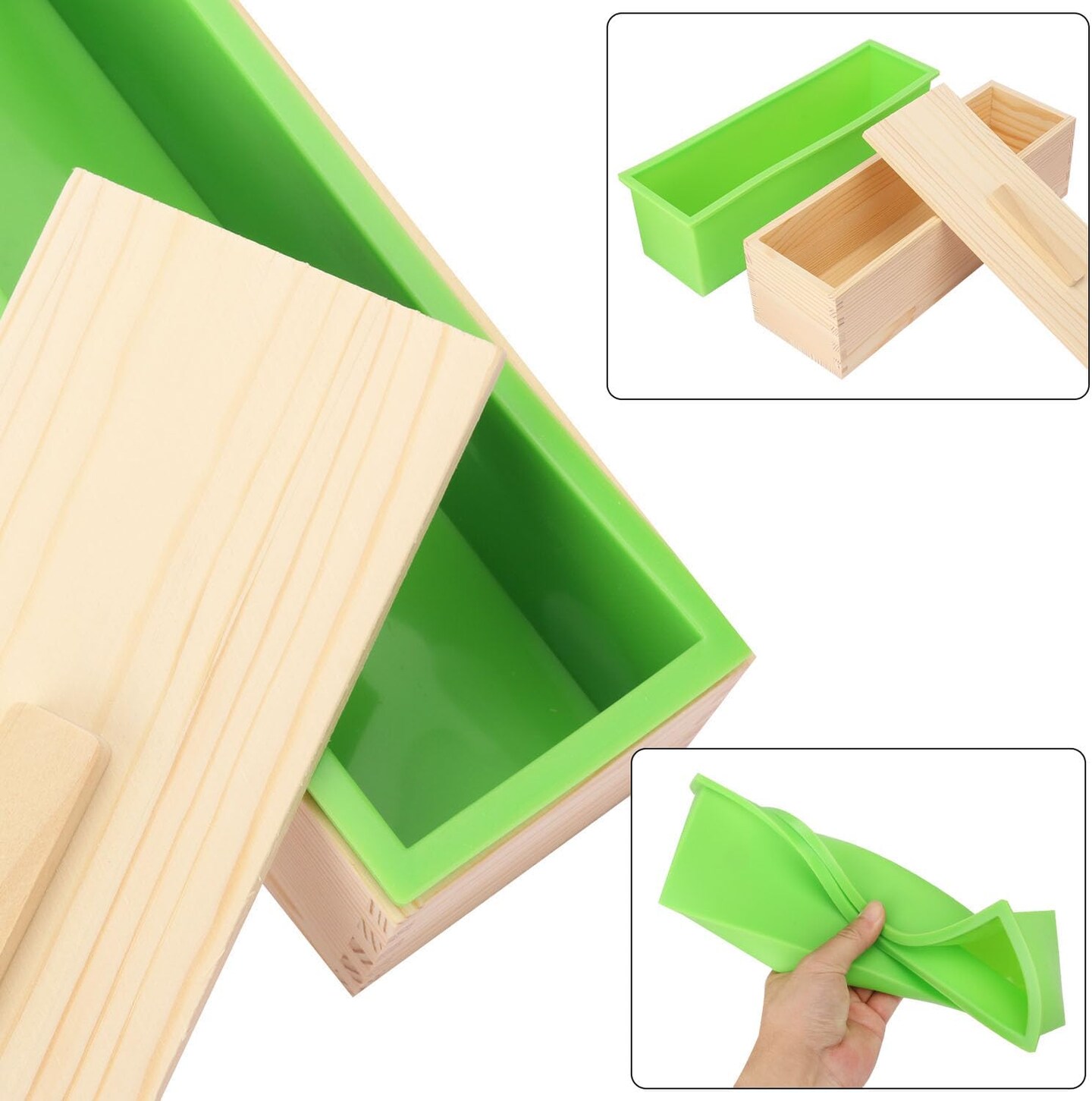 Artisan Soap Making Loaf Mold Box - 4 Pack 42oz Premium Silicone Molds With Wooden Lid - Green, Flexible, Heat Resistant for Large Homemade Soaps