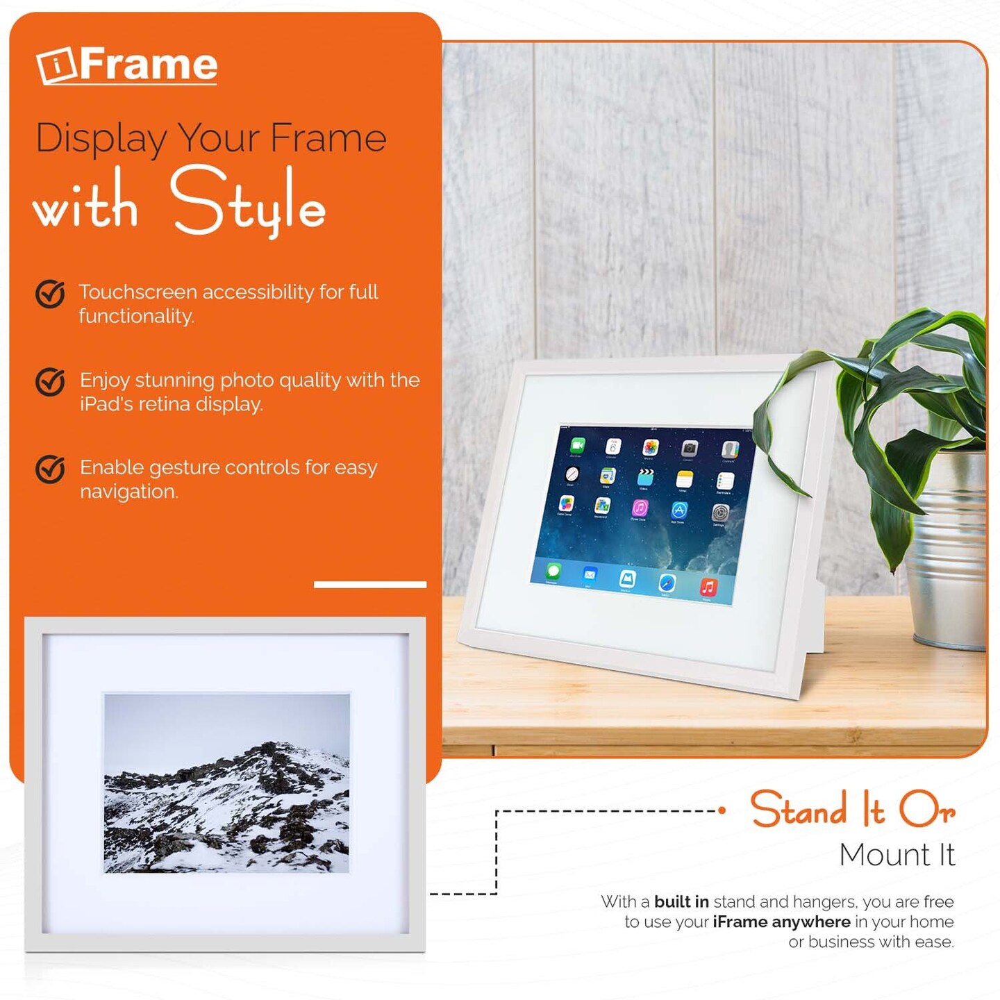 iFrame iPad Frame | Turn Your iPad Into A Beautiful Interactive Digital Picture Frame | Perfect at Home Or Work | Includes Table Stand and Wall Mount for All 9.7&#x201D; iPads