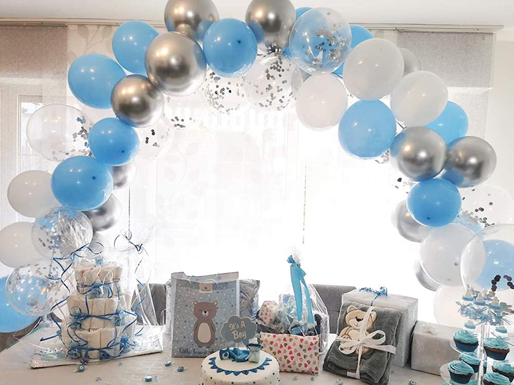 Blue White Silver Confetti Balloons 50pcs 12in Latex Party Decor
