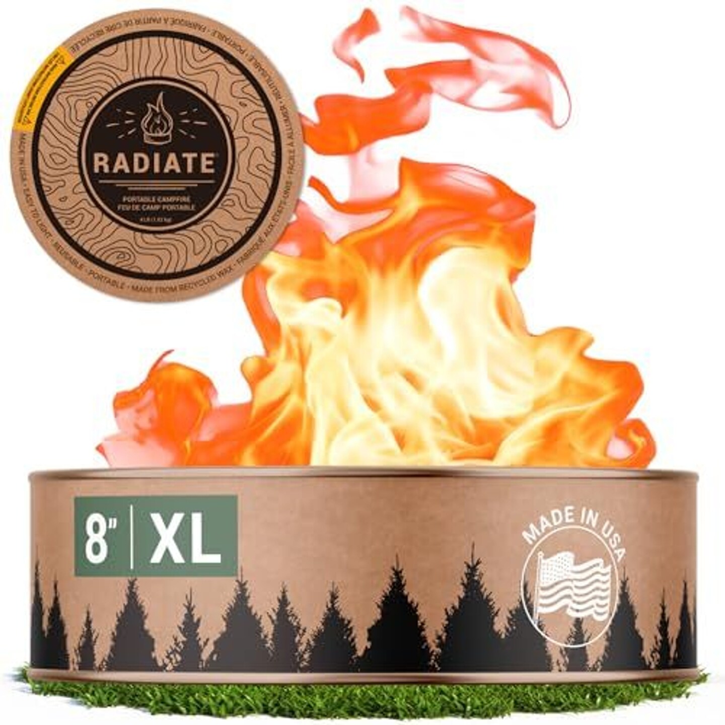 Radiate XL 8&#x22; Portable Campfire As Seen On Shark Tank - Up to 5 Hours of Burn Time - Reusable Travel Fire Pit for Camping, Patios, and Beach Days - Great Alternative to a Real Fire - Made in USA