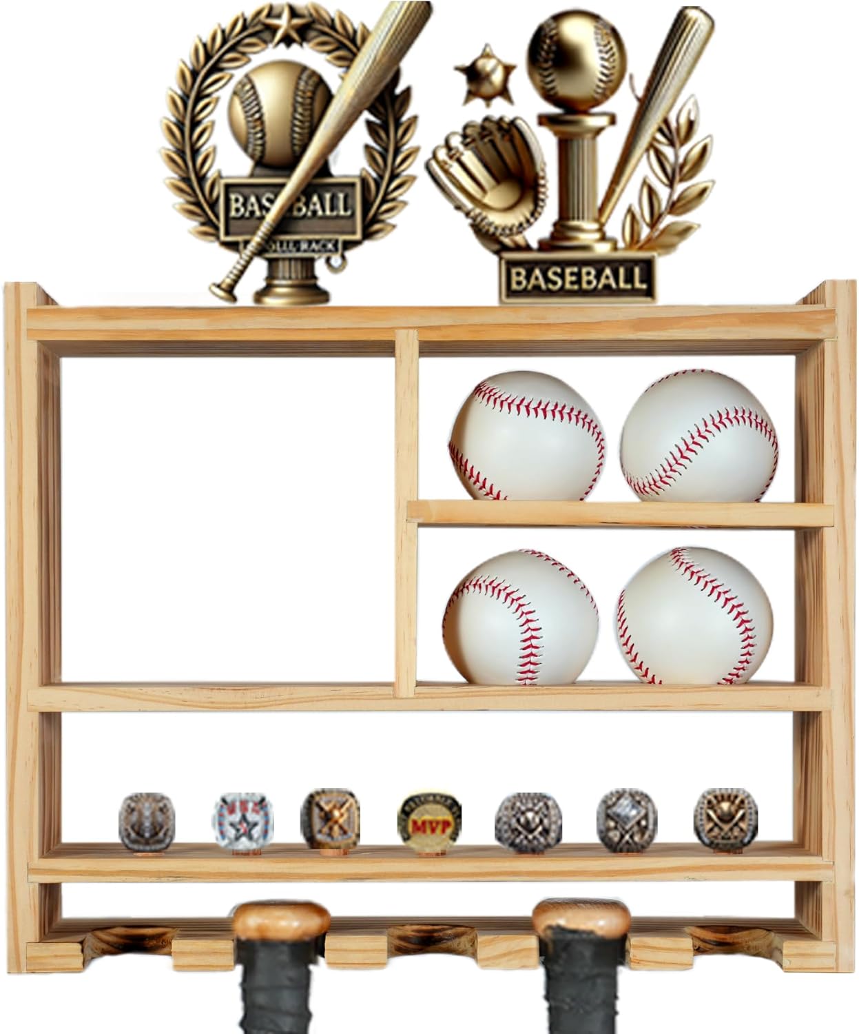 Baseball Display Case, Solid Wood Championship Ring Holder for Wall Mounted, Softball Shelf for Balls, Bat, Rings, Trophies - One Case for All Memorabilia