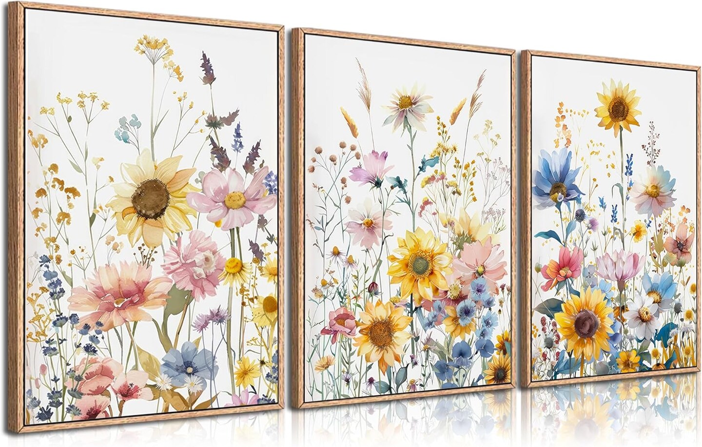 3pcs Summer Colorfully Sunflowers Canvas Wall Art Watercolor Wildflowers Poster Prints Botanical Flowers Wall Decor Pictures for Living Room Bedroom Girl Room Paintings Artwork Decoration Unframed