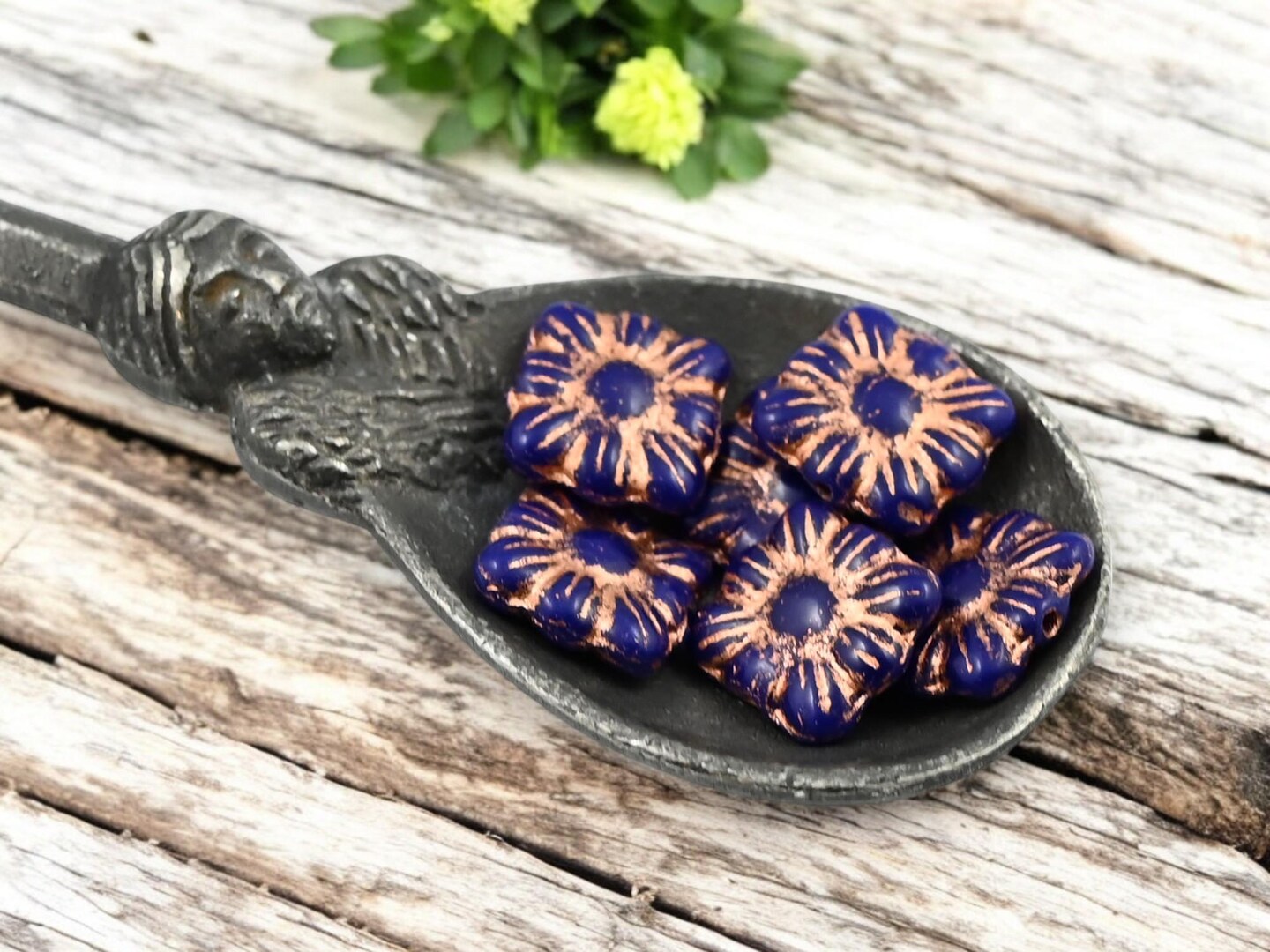 *13* 11mm Copper Washed Opaque Cobalt Square Zinnia Flower Beads