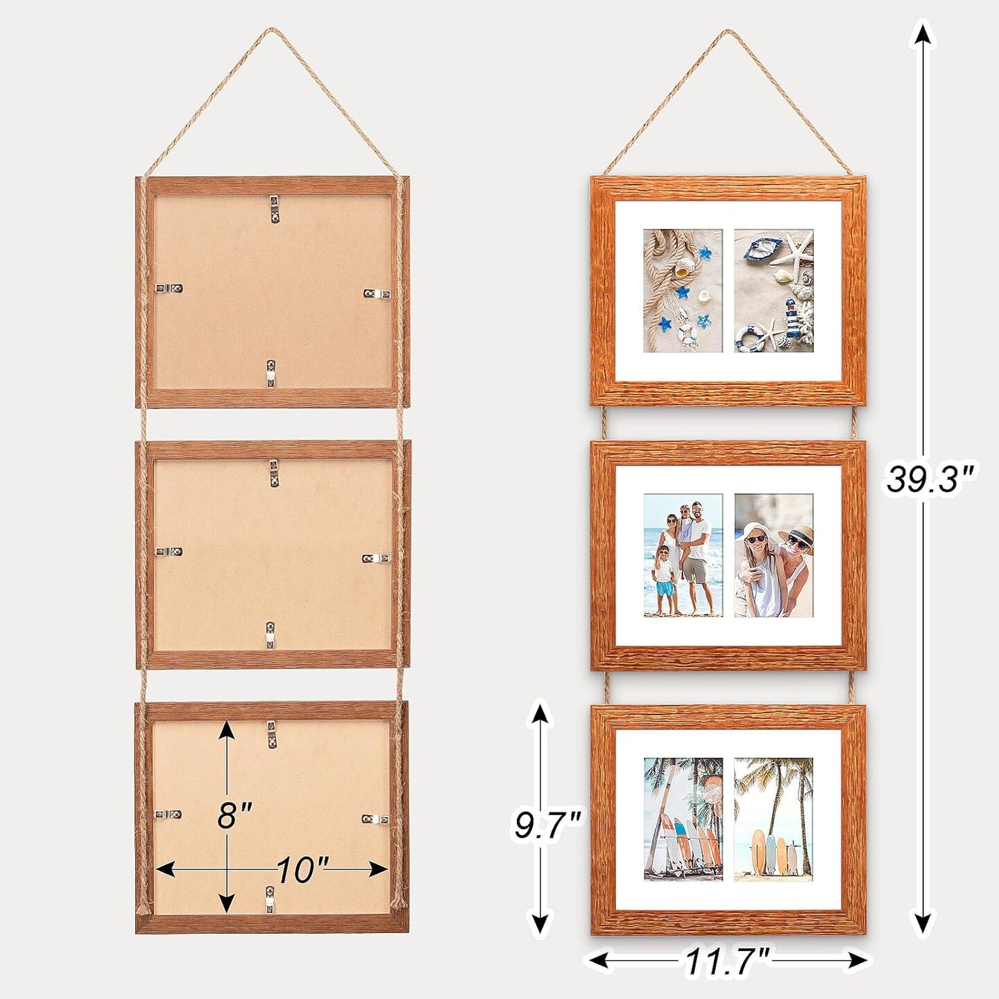 8x10 Hanging Picture Frames with 6 Openings 4x6 Pictures, HD Real Glass 8x10 Wall Hanging Collage frames with Mat, Hemp Rope Multiple Photo Frames for Wall Decor (Carbonized Brown, 1 Pack)