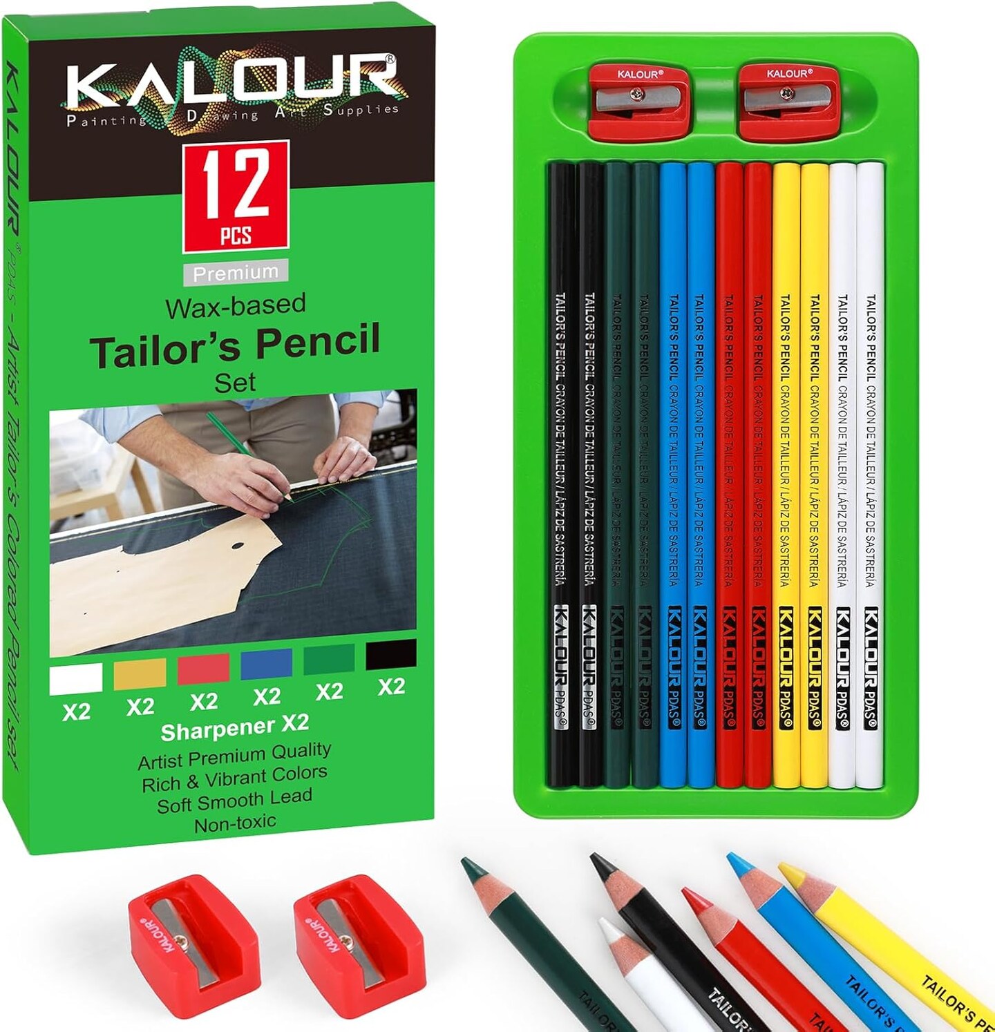 12 PCS Tailors Pencil Set, Sewing Fabric Pencils And Fabric Marker Pens For Quilting, Sewing, Dressmaking Supplies, Water-Soluble, 6 Colors, Includes 2 Sharpeners - View #9