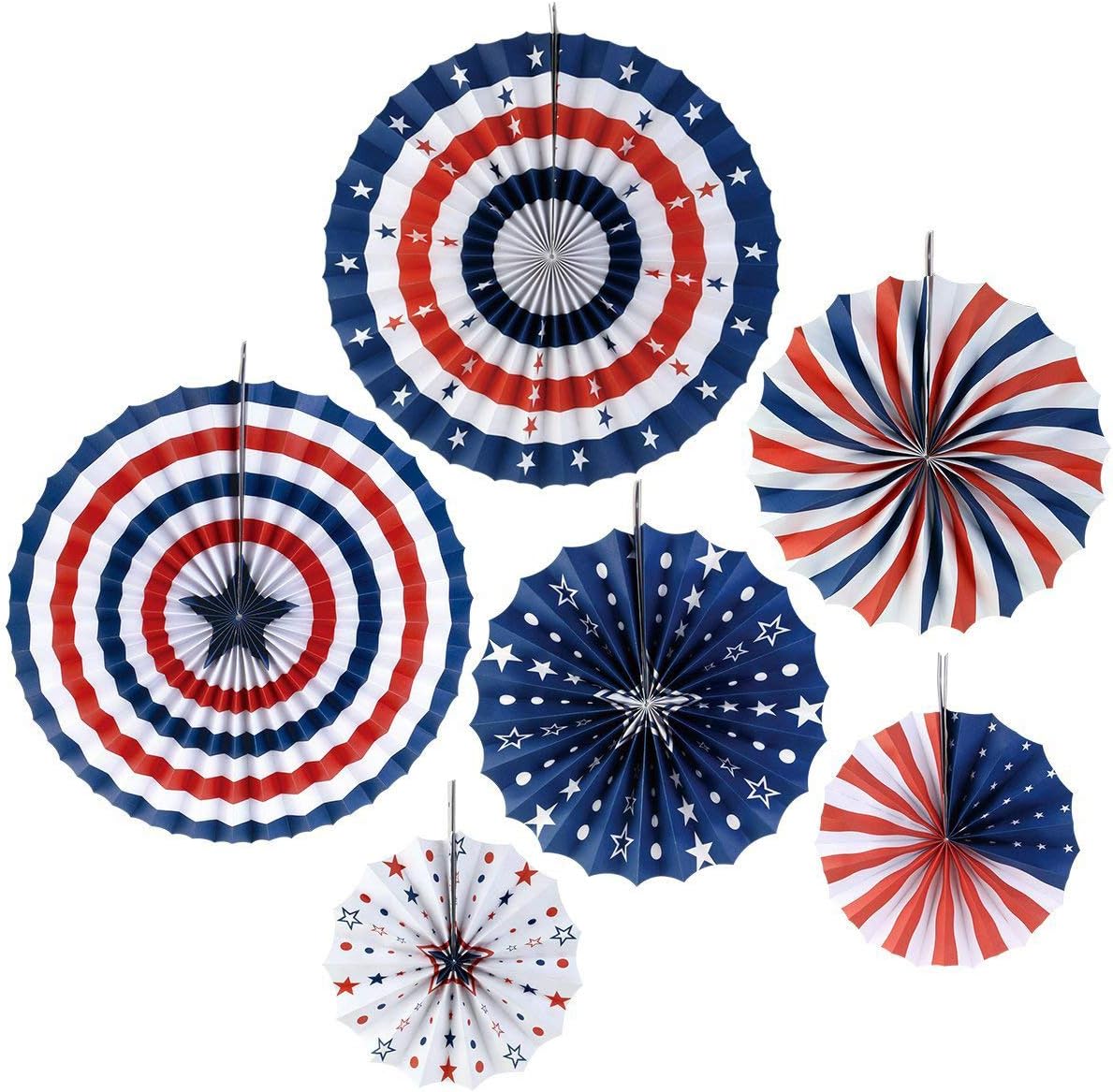 4th/Fourth of July Patriotic Party Decorations Set- Red White/Silver Blue Star Streamers and 6Pcs Red White Blue Hanging Paper Fans for American Independence Day Party Decor Supplies