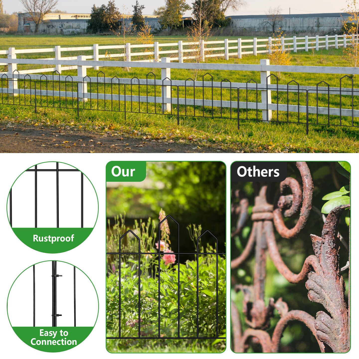 10 Pack Rustproof Decorative Garden Fence Panels - 23.6in H x 10ft L Metal Animal Barrier, Snap-On Border for Lawns &#x26; Gardens