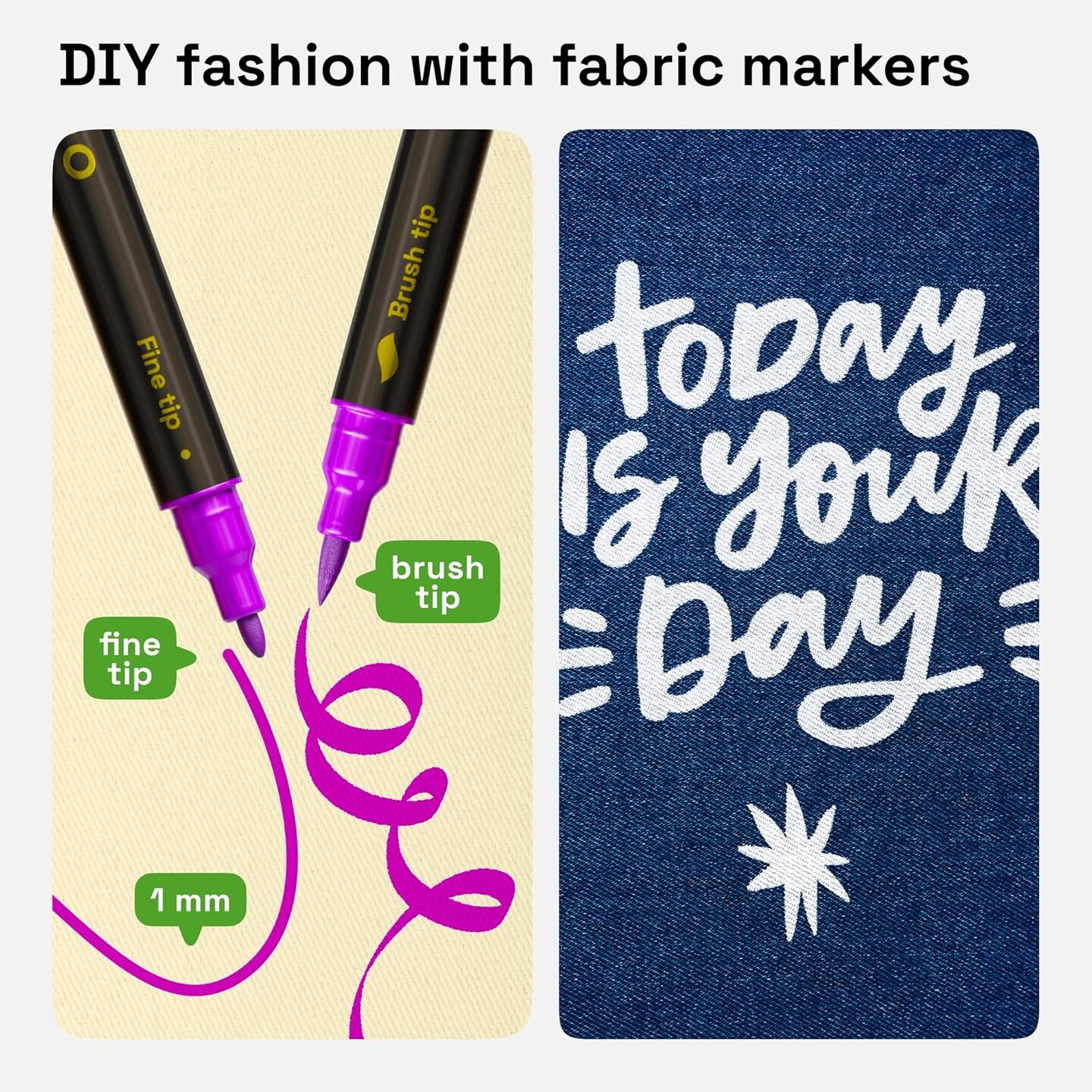 24 Dual-Tip Fabric Markers - Fabric Decorating Kit - Permanent for Clothes - No Bleed Pens for T-Shirts, Bags, Textile, Canvas, and More (Brush Tip and Fine Tip)