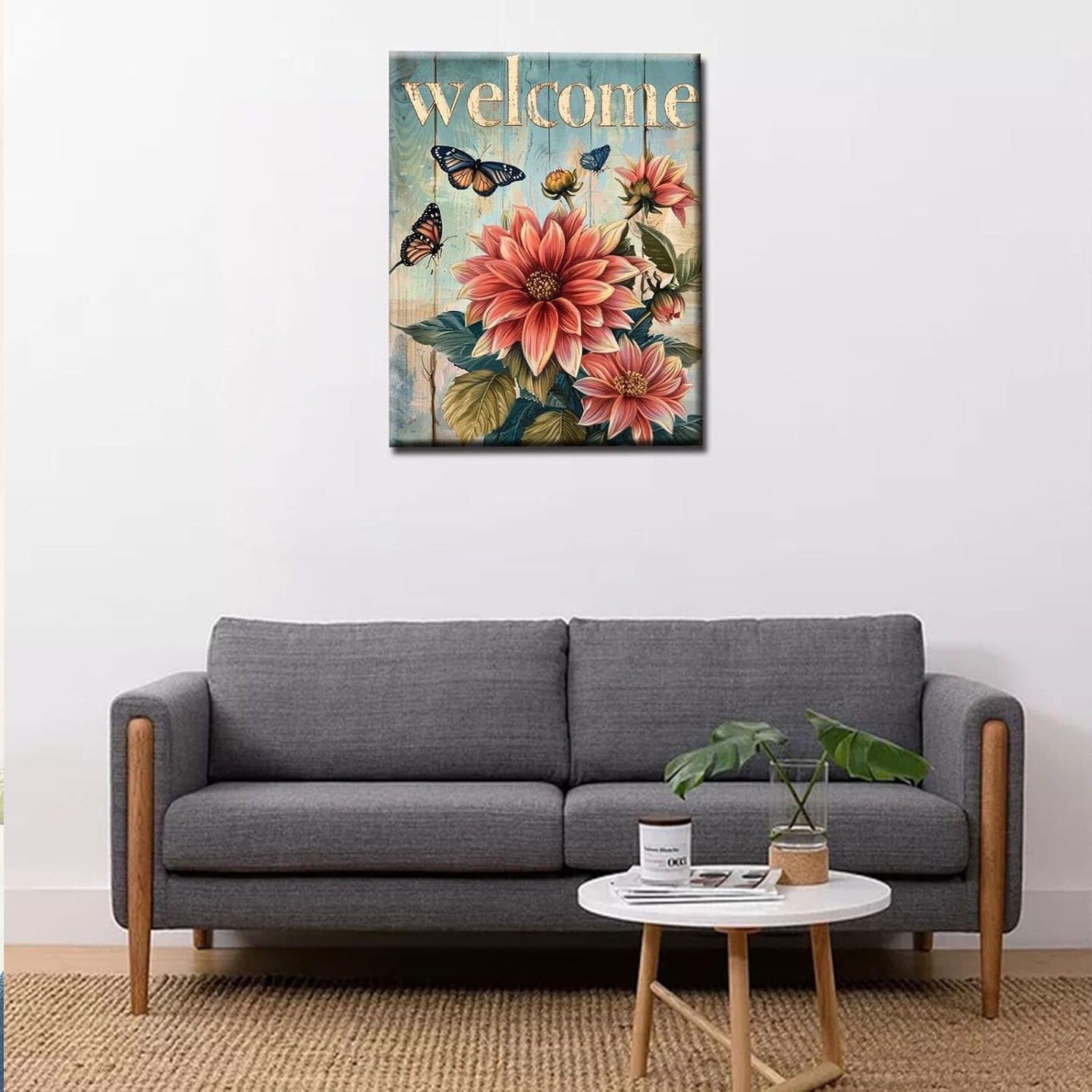 "welcome" Sign Paint by Numbers for Adults Beginners-Paint by Number Vintage Wood Grain,DIY Butterfly and Dahlia Acrylic Paint by Numbers Kits on Canvas for Adults Beginner 16x20inch(Without Frame)
