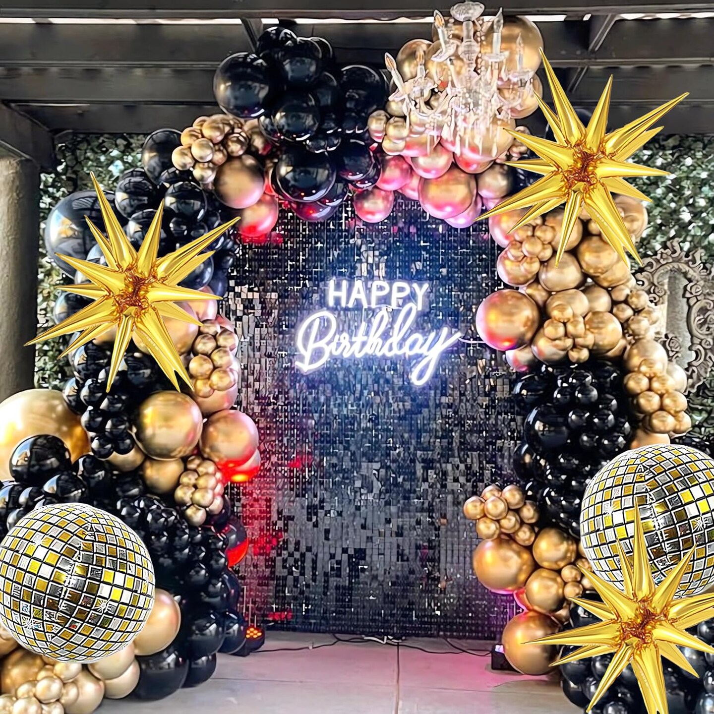 Black and Gold Balloon Garland Arch Kit with Gold Starburst Balloons Disco Ball Foil Balloons, Gold Confetti Latex Balloons for Graduation Anniversary Birthday Party Decorations