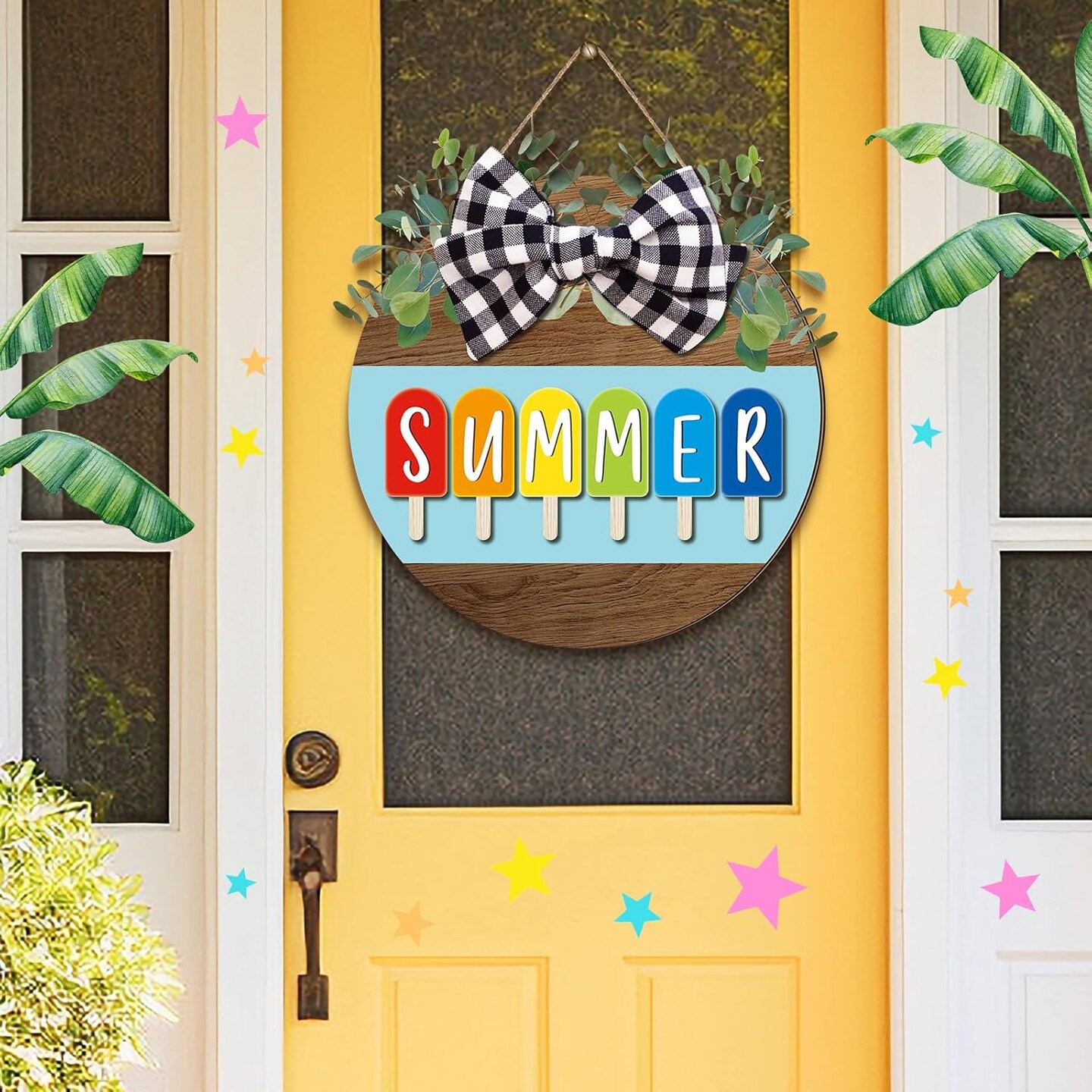 12 x 12 Inch Hello Summer Door Sign Ice Cream Welcome Summer Wreath Decor Beach Hanging Door Hanger Farmhouse Decorations for Wall Front Porch Decor(Ice Lolly)